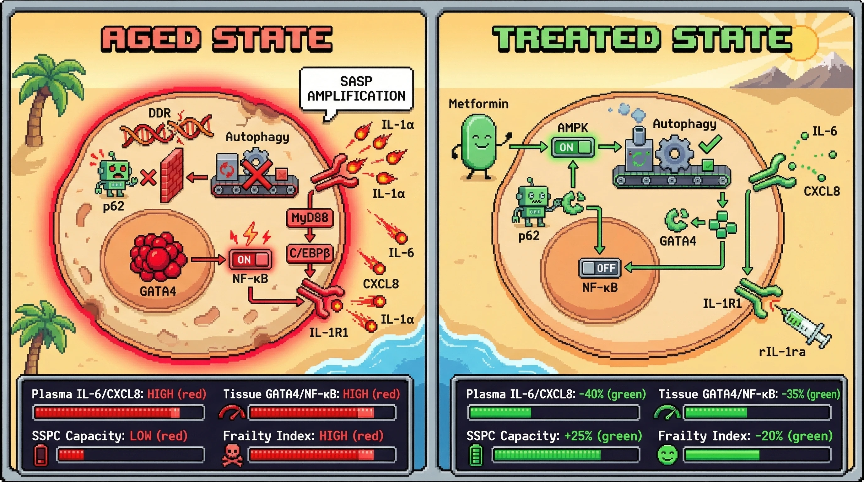 Infographic for: Combining metformin (GATA4/NF-κB intracellular blockade) with rIL-1ra (extracellular IL-1R amplification blockade) as...