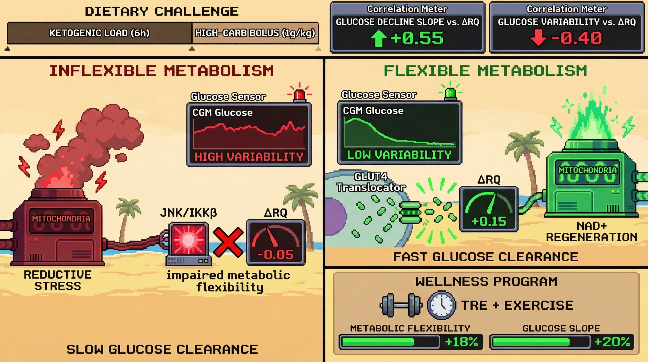 Infographic for: CGM-Derived Glycemic Variability During Sequential Macronutrient Switches Predicts Clamp-Measured Metabolic Flexibility (ΔRQ) in Humans