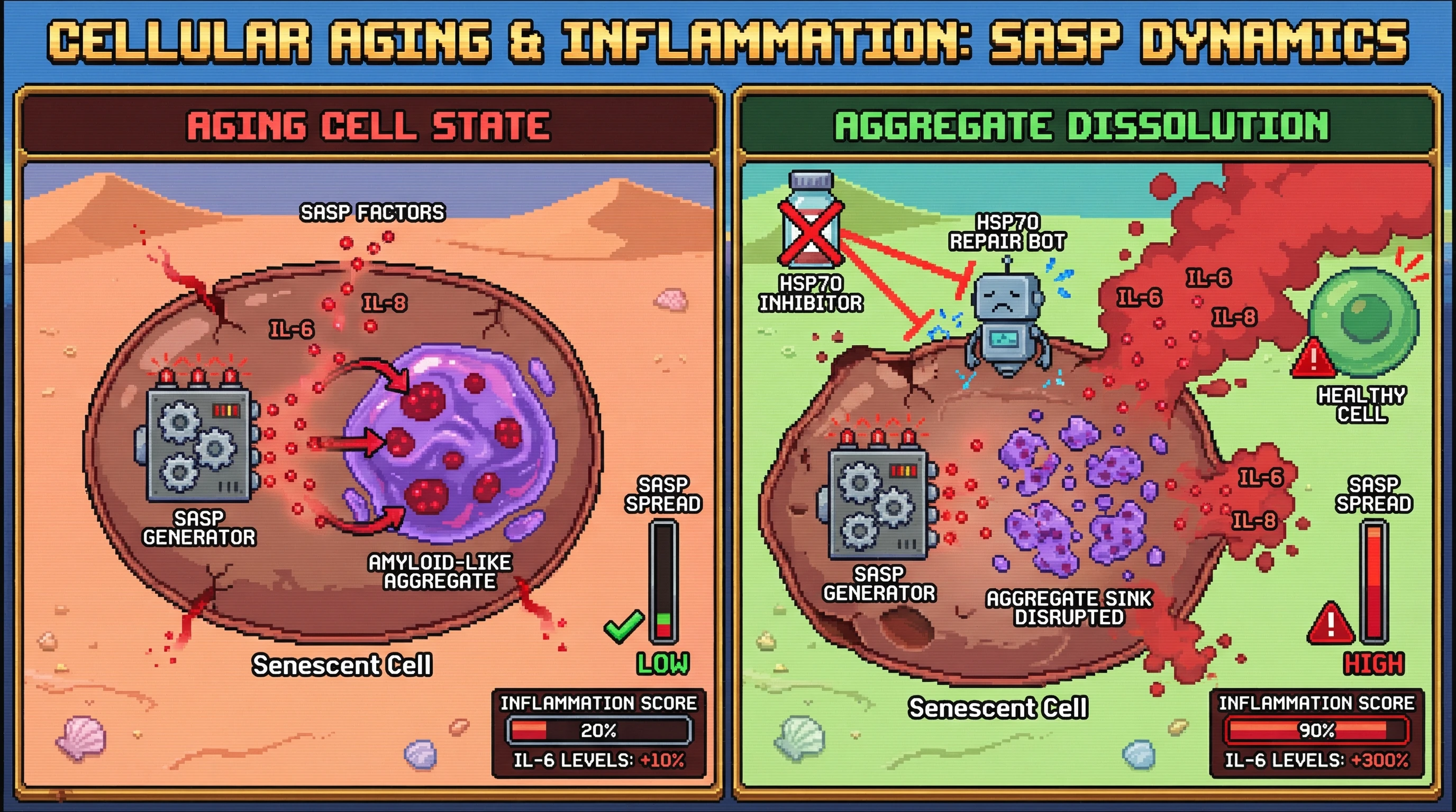 Mechanism: Amyloid-like aggregates act as internal sinks in aging cells, sequestering inflammatory SASP factors and limiting their spread. Readout: Readout: Dissolving these aggregates with an HSP70 inhibitor dramatically increases extracellular SASP factors and elevates the inflammation score.