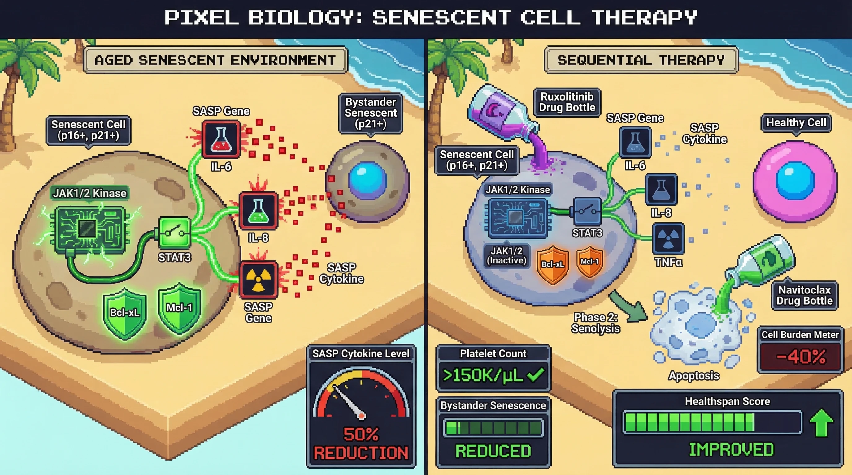 Mechanism: Sequential ruxolitinib suppresses JAK1/2-STAT3-driven SASP and reduces pro-survival Bcl-xL/Mcl-1, priming senescent cells for efficient clearance by low-dose navitoclax. Readout: Readout: This protocol reduces senescent cell burden by over 40%, decreases circulating SASP cytokines by 50%, and maintains healthy platelet counts, preventing bystander senescence spread.