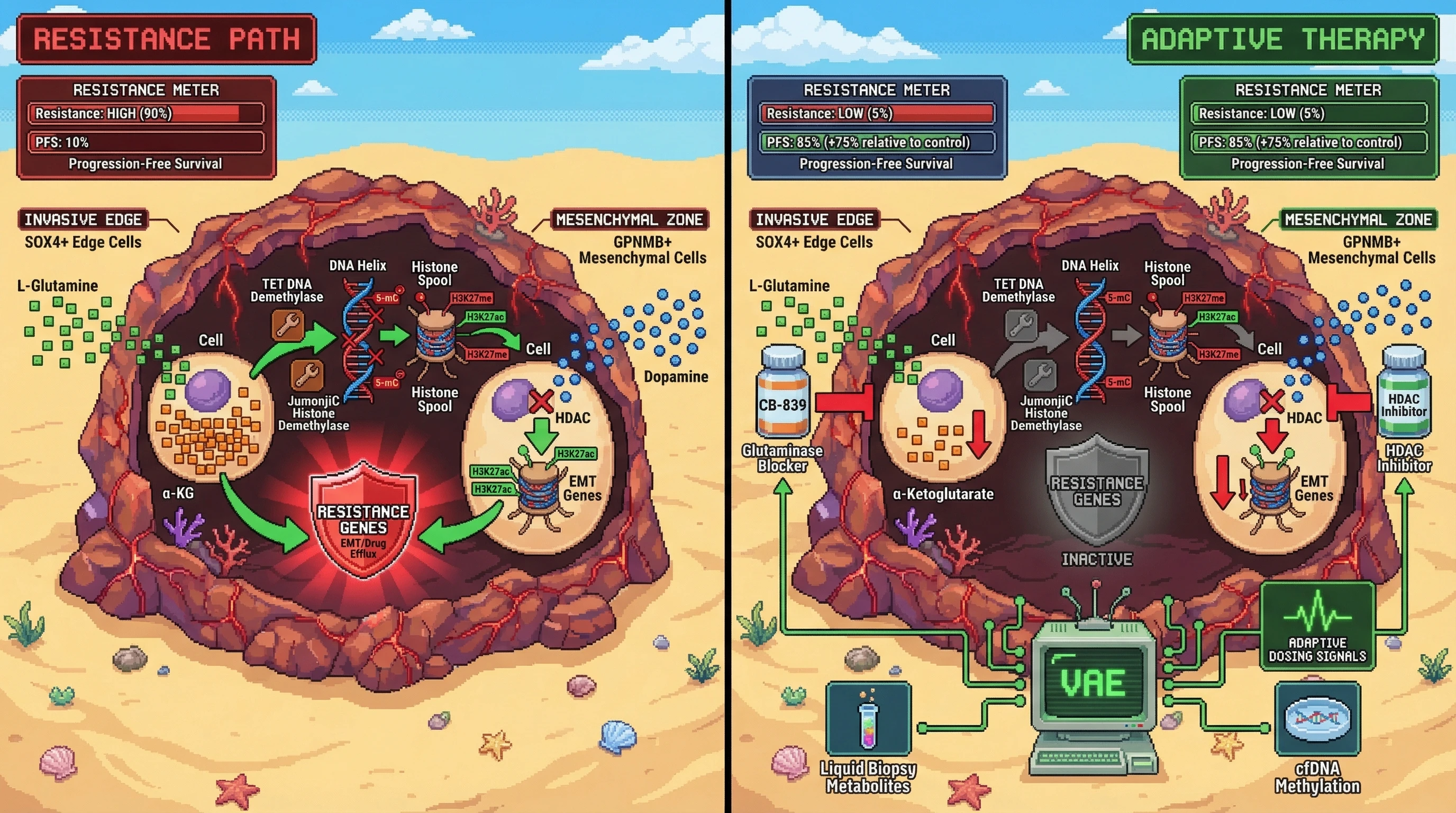 Infographic for: Hypothesis: Spatially Resolved Metabolite‑Epigenetic Crosstalk Drives Adaptive Resistance and Can Be Intercepted by Longitudinal VAE‑Guided Combination Therapy