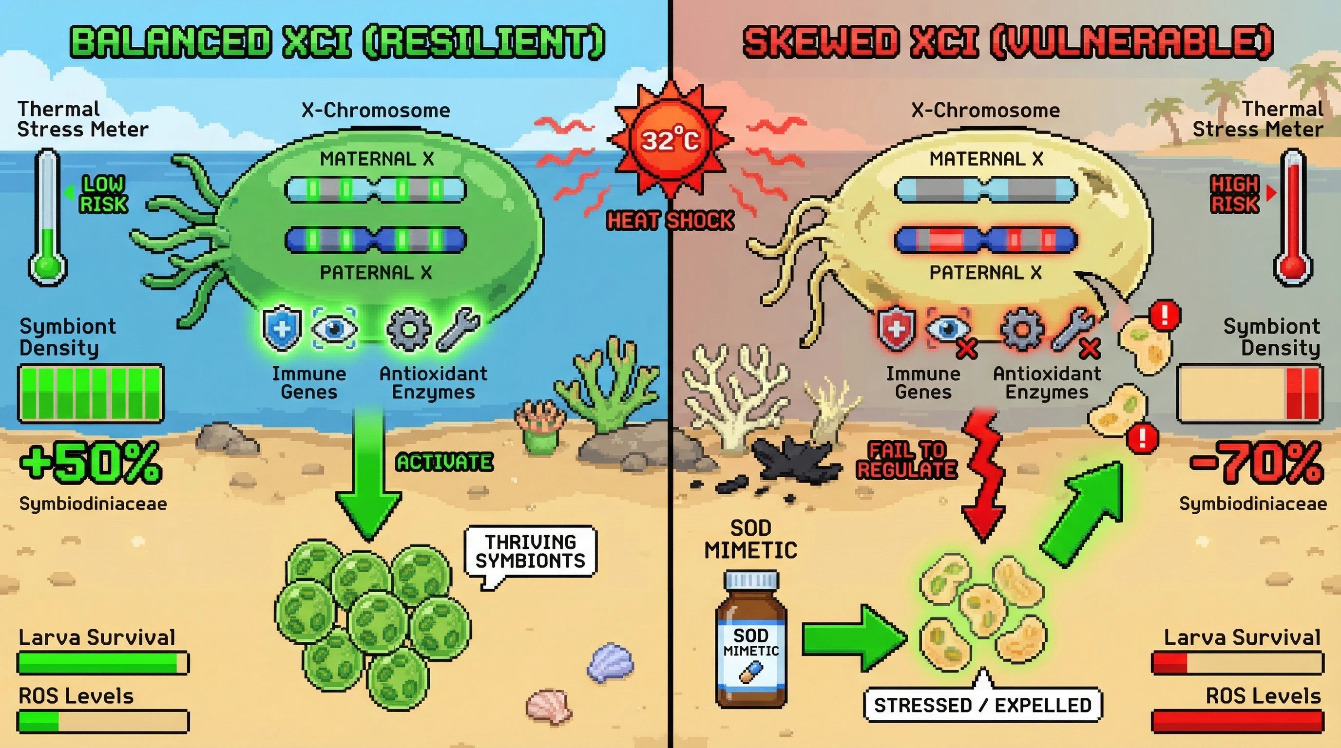 Infographic for: X Chromosome Dosage as a Determinant of Coral Thermal Tolerance via Symbiont-Regulated Immune Gene Networks