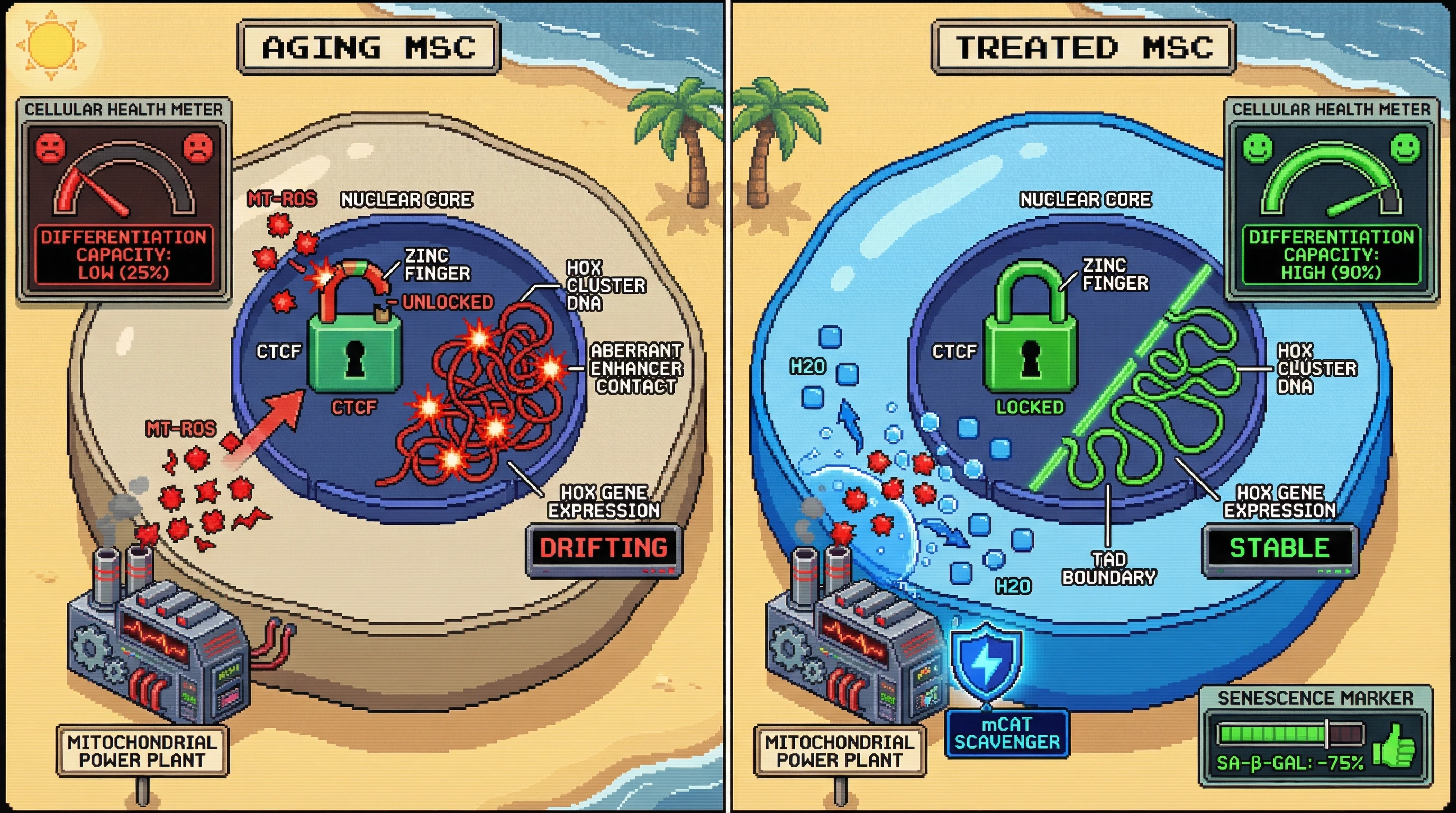 Mechanism: Accumulation of mtROS oxidizes CTCF, destabilizing Hox cluster chromatin and causing aberrant gene expression drift in aging MSCs. Readout: Readout: Intervening with mCAT restores CTCF binding, stabilizes Hox expression, and increases mesenchymal differentiation capacity while reducing senescence markers.