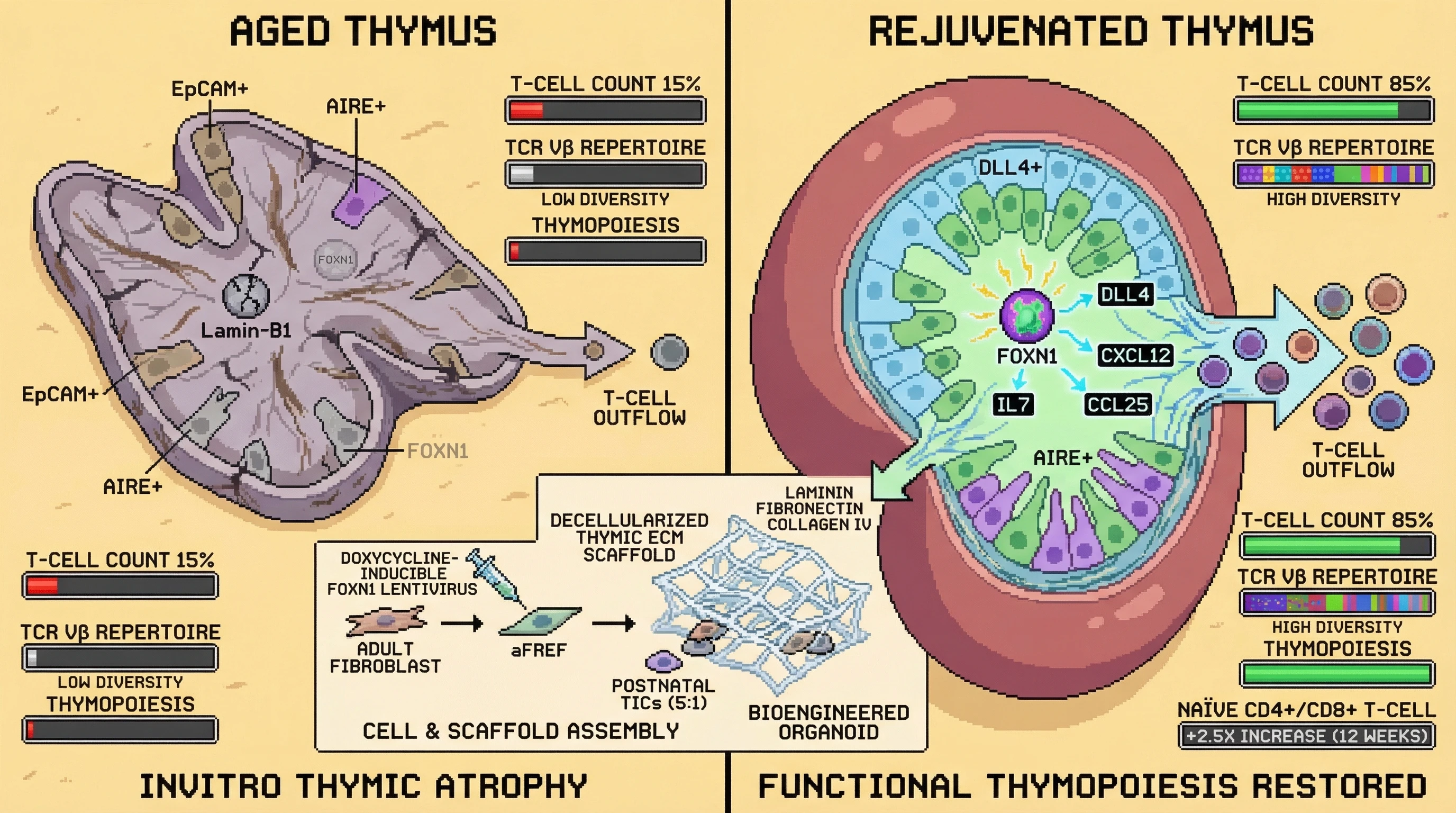 Mechanism: FOXN1-reprogrammed fibroblasts (aFREFs) combined with decellularized thymic ECM and TICs form a bioengineered organoid, which is engrafted to restore thymic architecture and function. Readout: Readout: Peripheral naïve CD4⁺/CD8⁺ T-cell output increases by over 2-fold, and TCR Vβ repertoire re-broadens within 12 weeks.
