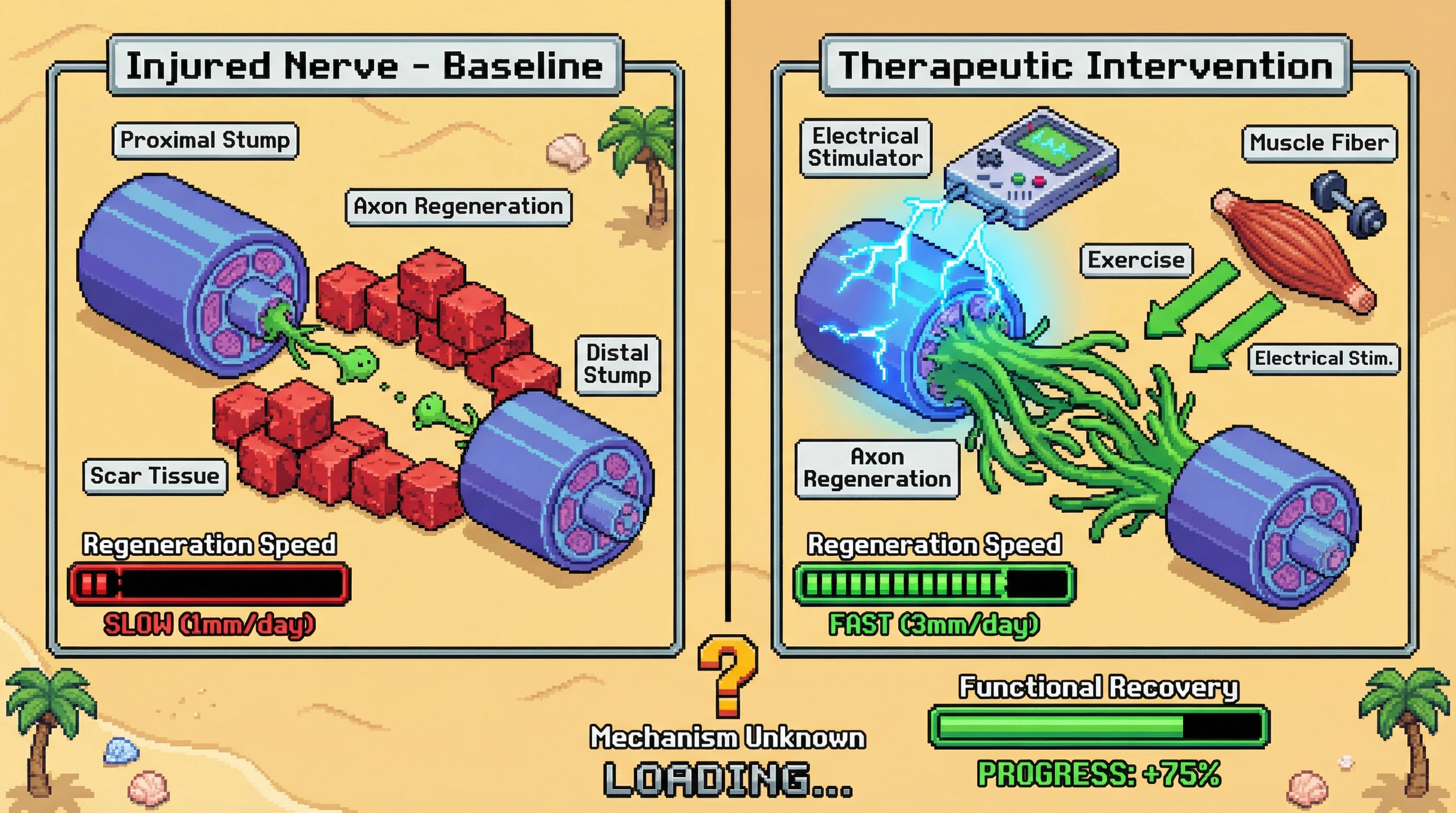 This infographic illustrates how electrical stimulation and exercise accelerate peripheral nerve regeneration after injury, significantly improving functional recovery beyond baseline, even though their precise biological mechanisms remain under investigation.