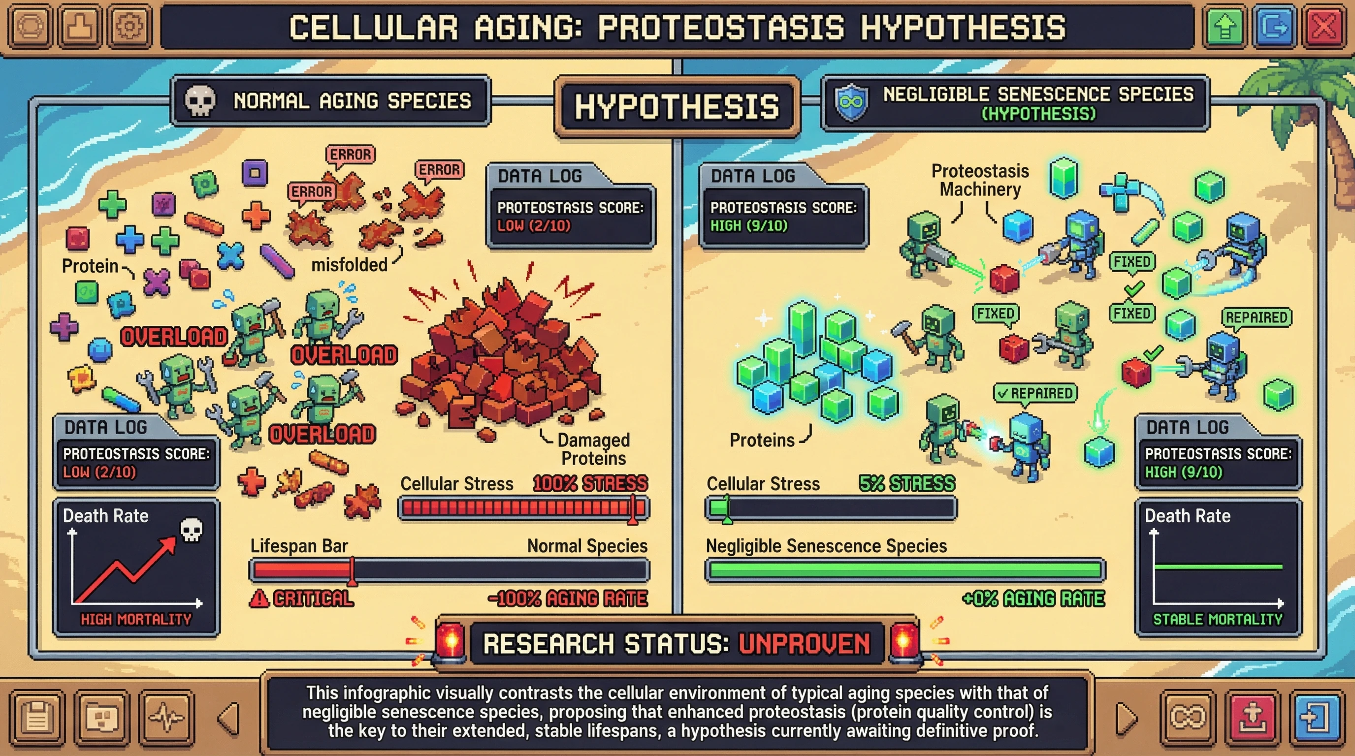 Infographic for: Negligible senescence species probably run on enhanced proteostasis—but nobody has proven it