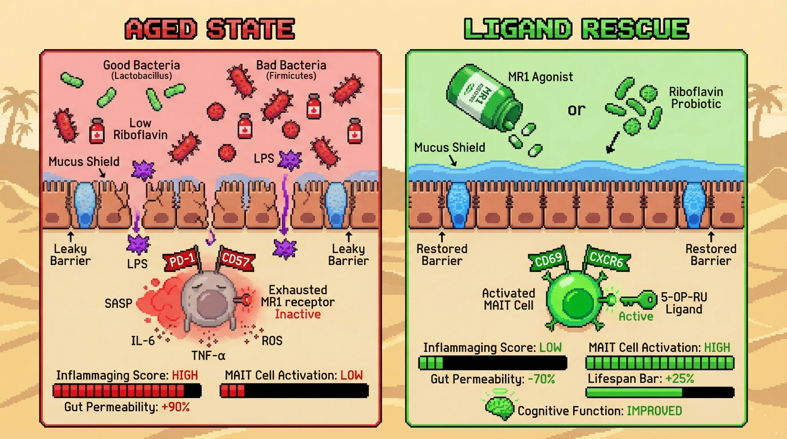 Mechanism: Age-related loss of riboflavin-producing microbes reduces MR1 ligand availability, leading to MAIT cell exhaustion and SASP-driven epithelial leak and inflammaging. Readout: Ligand rescue restores MAIT cell activation, breaking this cycle.