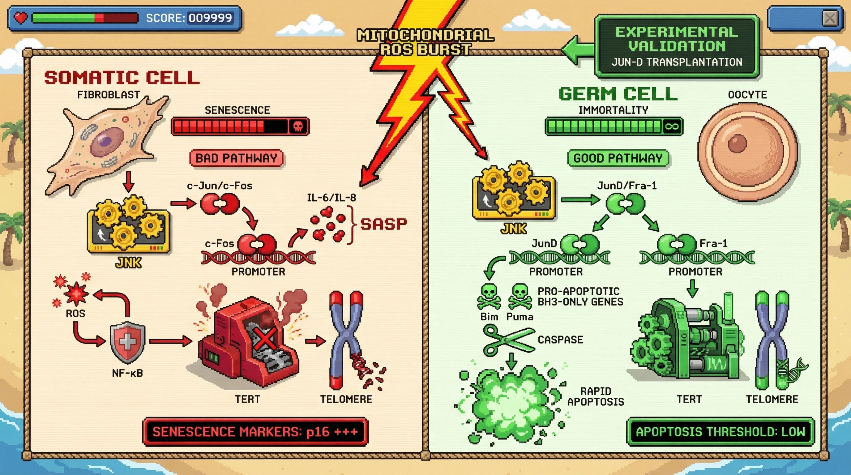 Mechanism: Germ cells utilize JunD/Fra-1 AP-1 dimers to activate pro-apoptotic genes and telomerase, leading to rapid apoptosis and telomere maintenance under stress. Readout: Readout: Somatic cells with c-Jun/c-Fos dimers accumulate SASP and senescent markers, while JunD expression in fibroblasts reduces SASP and increases TERT activity.