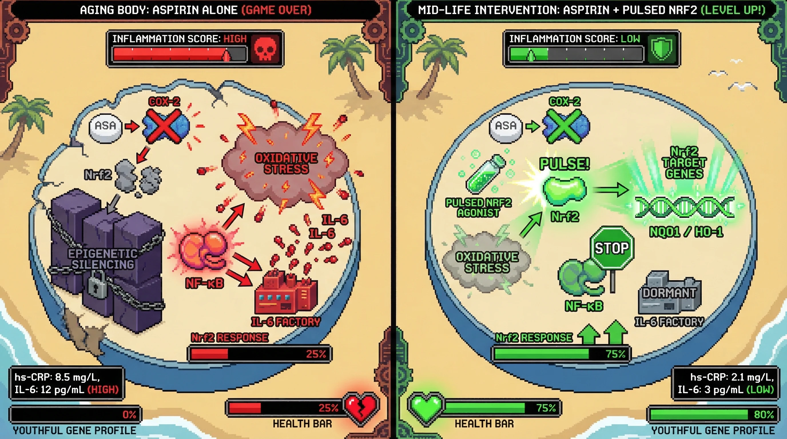 Infographic for: Hypothesis: The 'Aspirin-Nrf2' Bifurcation – Intermittent Nrf2 Pulse-Activation Reverses COX-2 Dependent Inflammaging Resistance in Mid-Life