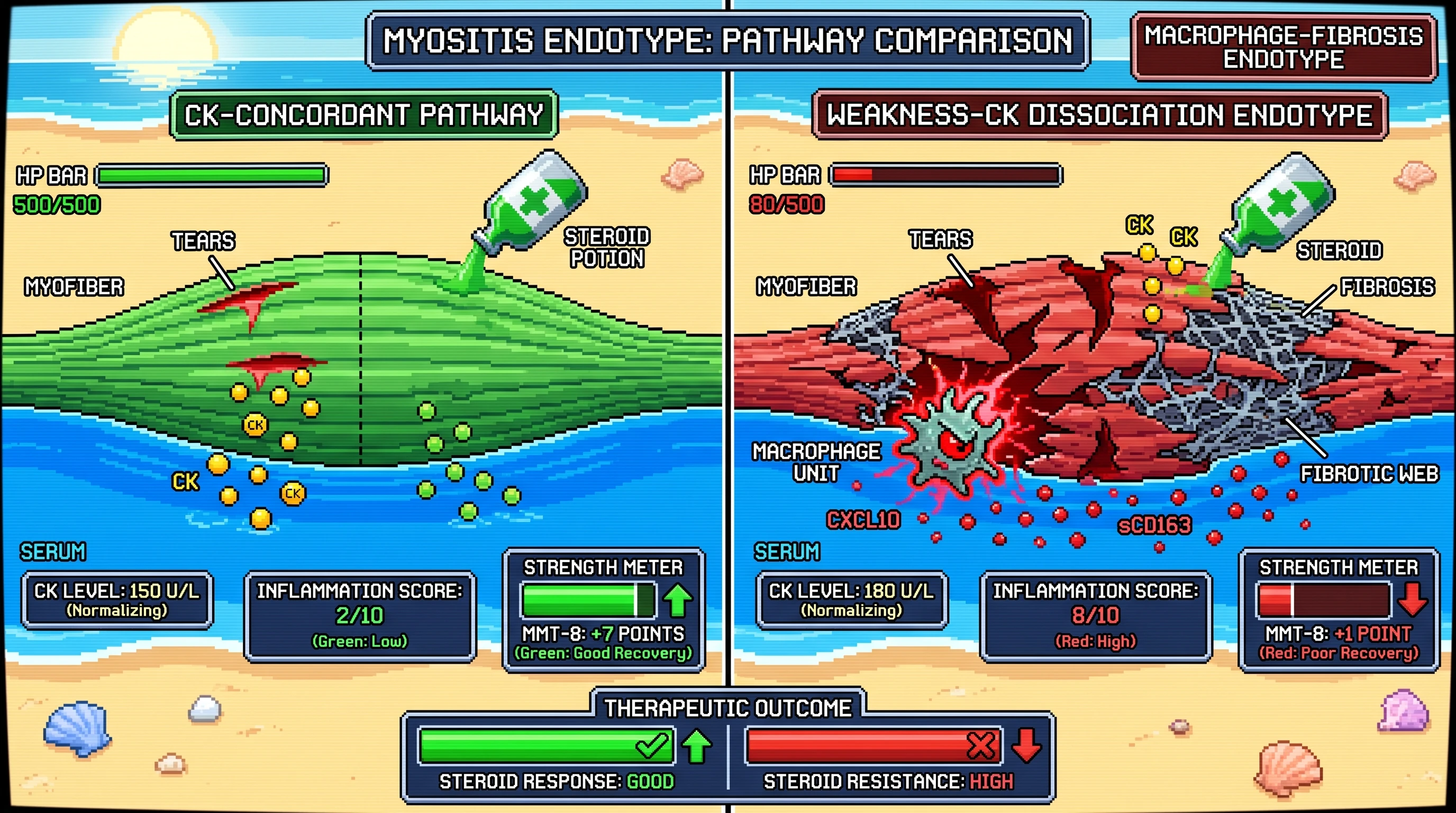 Infographic for: Hypothesis: CK-strength dissociation in idiopathic inflammatory myopathies marks a macrophage-fibrosis endotype that predicts early glucocorticoid resistance