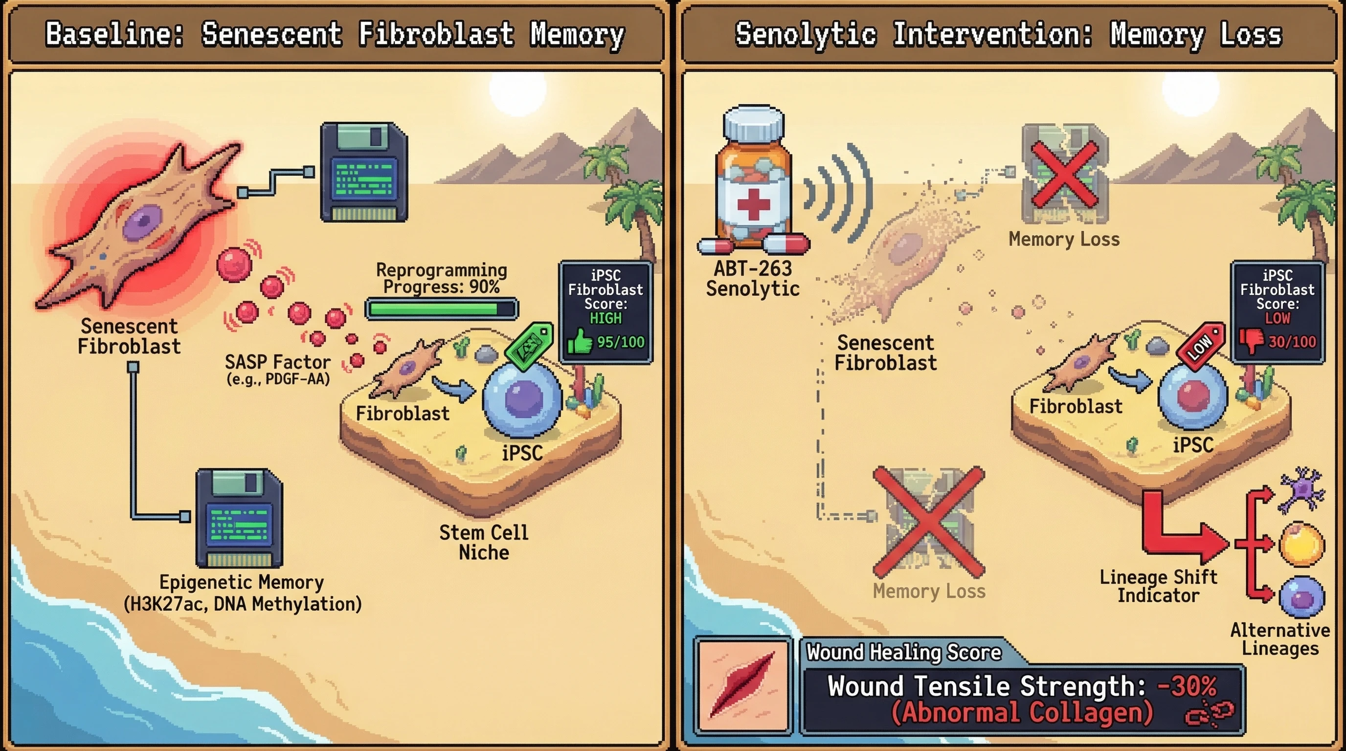 Infographic for: Senescent fibroblasts retain tissue-specific epigenetic memory that biases iPSC reprogramming toward fibroblastic fate