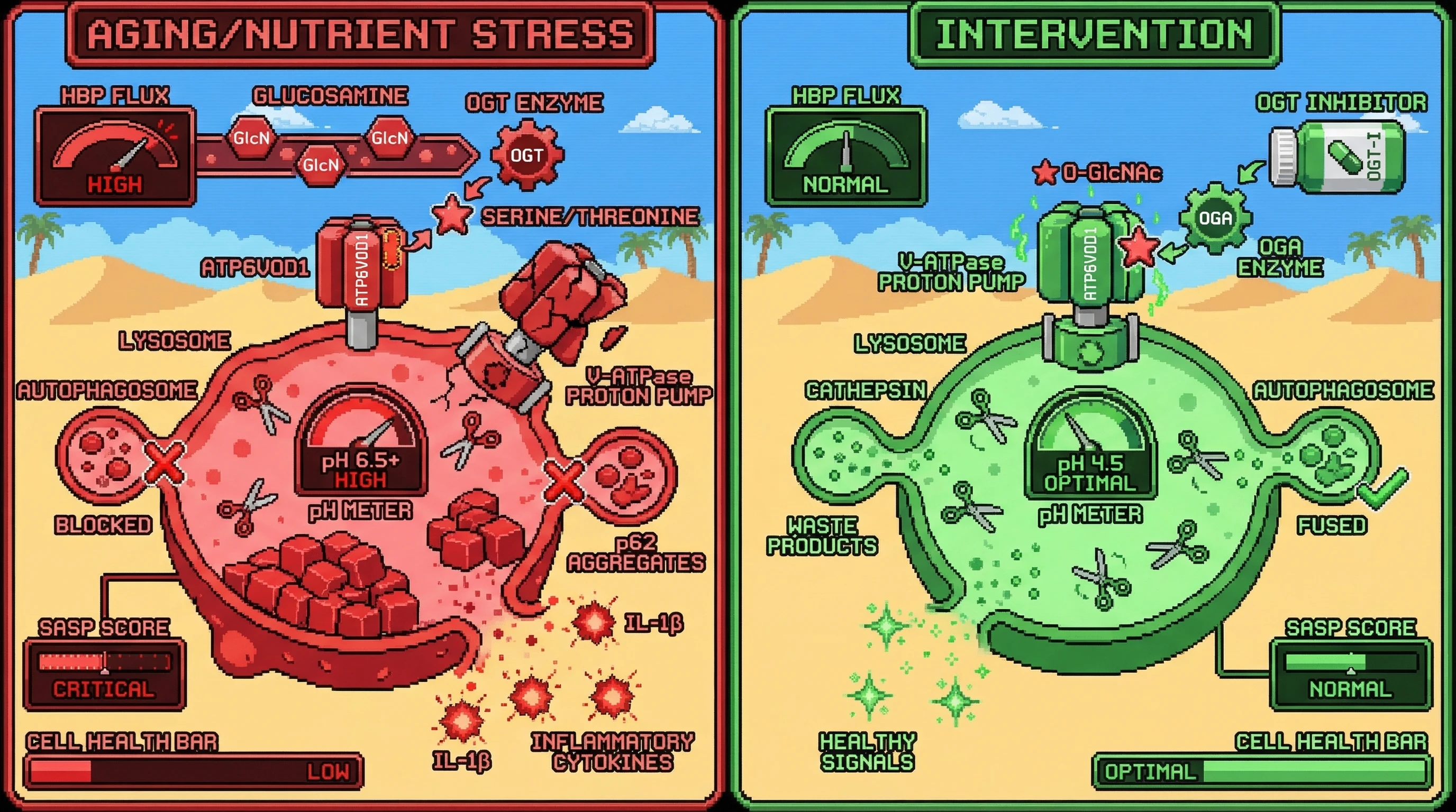 Infographic for: Hypothesis: Chronic HBP-driven O-GlcNAcylation of lysosomal V-ATPase subunit ATP6V0D1 impairs autophagic flux, linking nutrient stress to lysosomal aggregate accumulation in aging