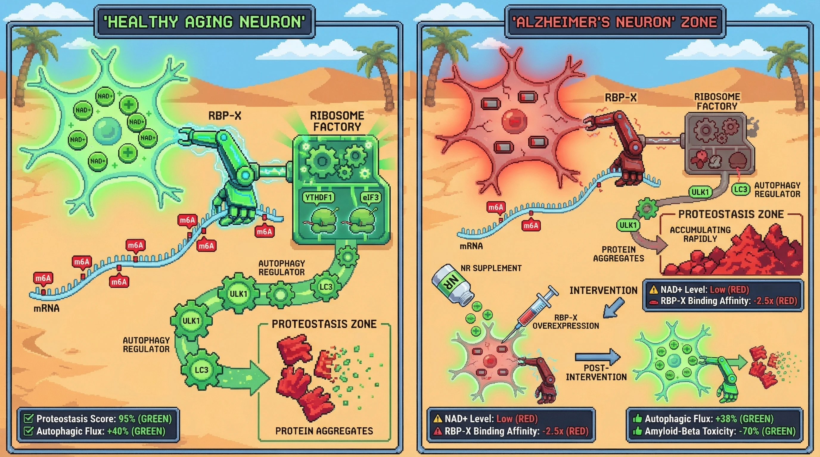 Mechanism: High NAD+ levels activate RBP-X, which then binds m6A-modified autophagy mRNAs, boosting their translation and enhancing proteostasis. Readout: Readout: NAD+ precursor (NR) and RBP-X overexpression restore autophagic flux by ~40% and reduce amyloid-beta toxicity by ~70% in AD models.