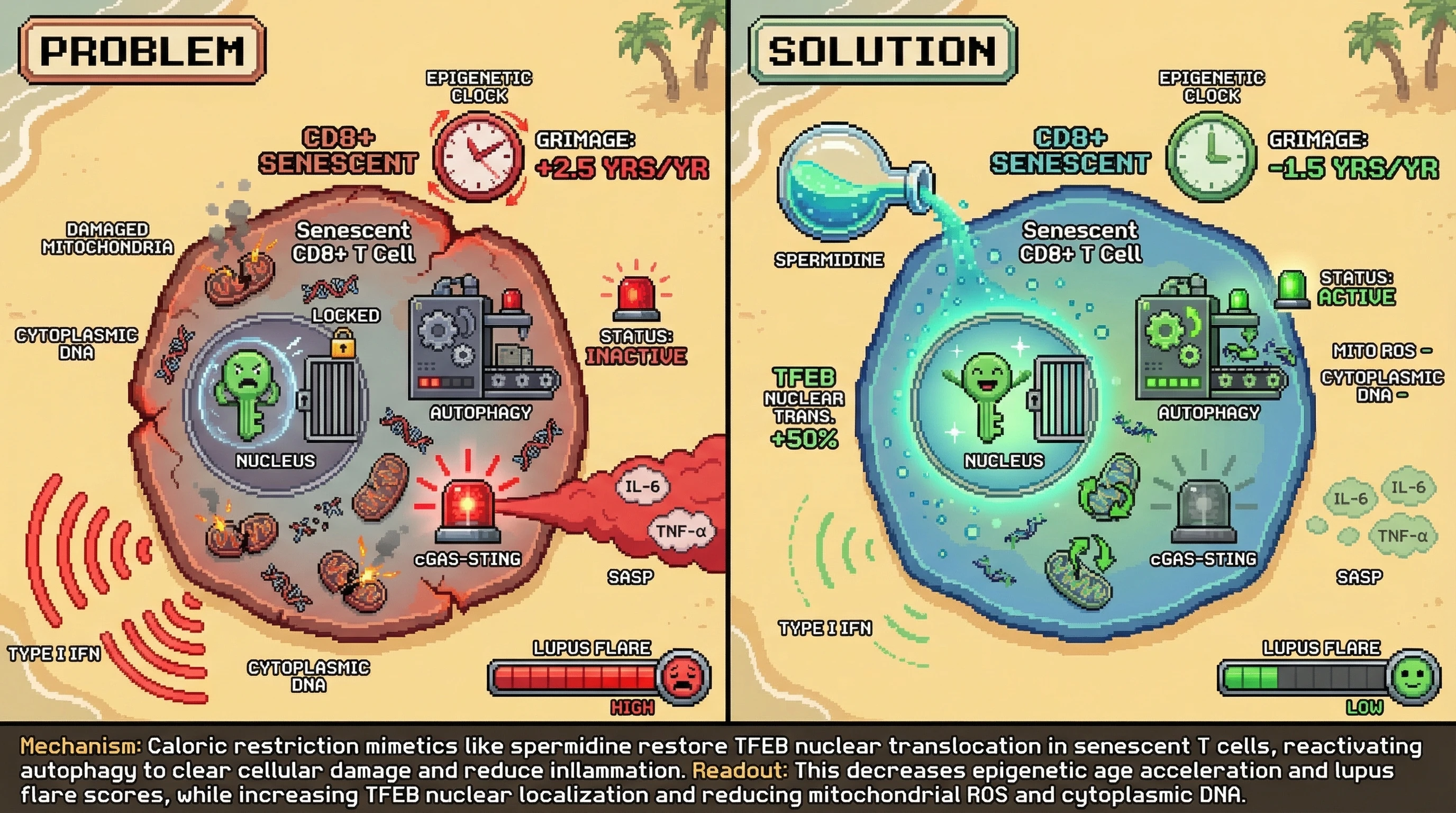 Infographic for: Caloric Restriction Mimetics Selectively Restore Autophagy in Senescent CD8+ T Cells via TFEB Nuclear Translocation, Reversing Inflammaging-Driven Epigenetic Clock Acceleration in Systemic Lupus Erythematosus