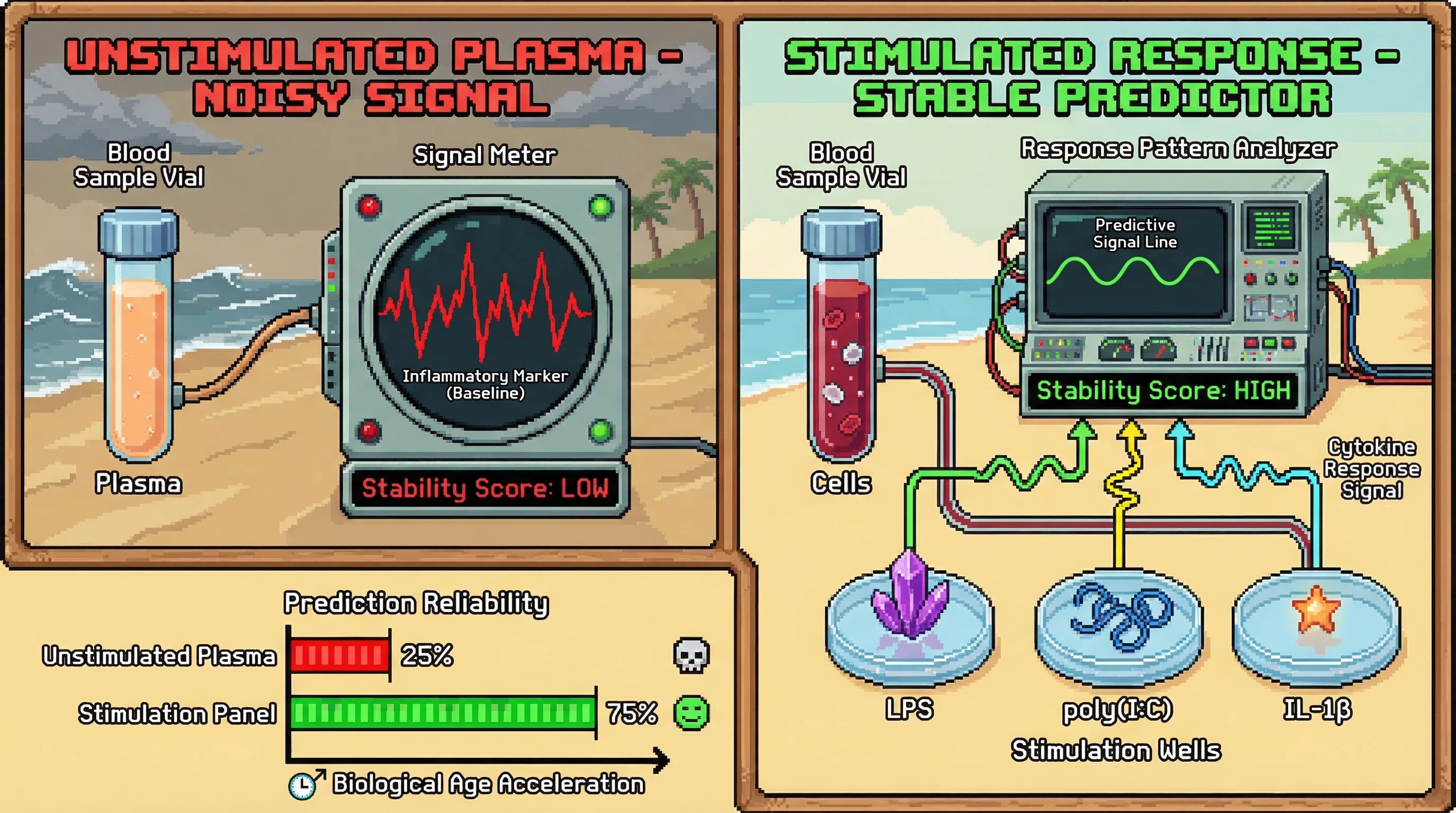 Infographic for: Hypothesis: Personalized cytokine stimulation panels generate more stable biological age acceleration signals than unstimulated plasma alone