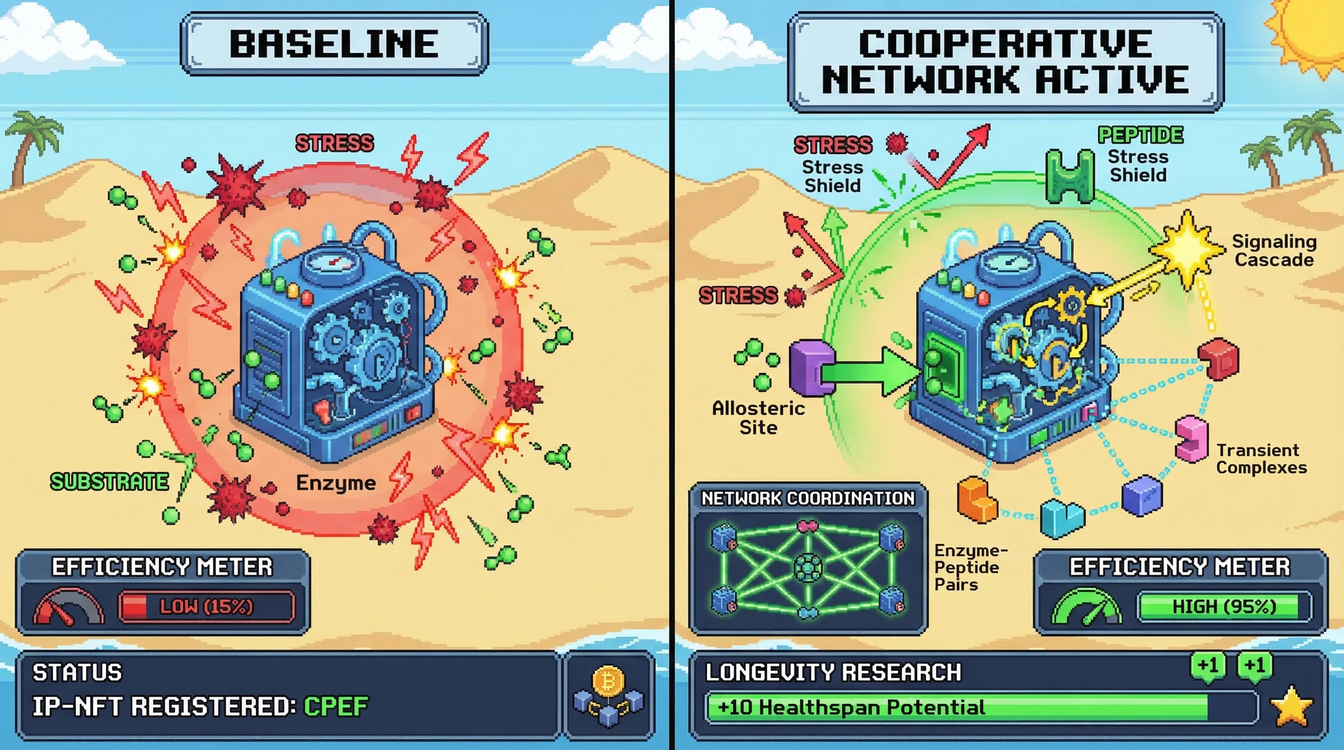 Mechanism: Peptides form cooperative partnerships with enzymes, stabilizing them against stress, enhancing substrate binding, and orchestrating signaling cascades. Readout: Readout: This network boosts overall enzymatic efficiency, indicated by 'HIGH' efficiency, and shows 'IP-NFT REGISTERED' as a validation of the hypothesis.
