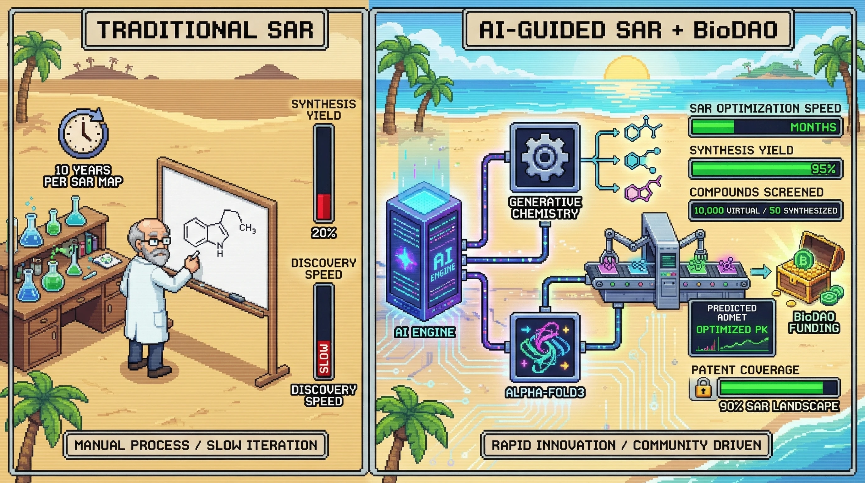 Infographic for: AI-Guided SAR Breaks the 10-Year Discovery Cycle: Why Machine Learning + BioDAOs = Psychedelic Optimization at Internet Speed