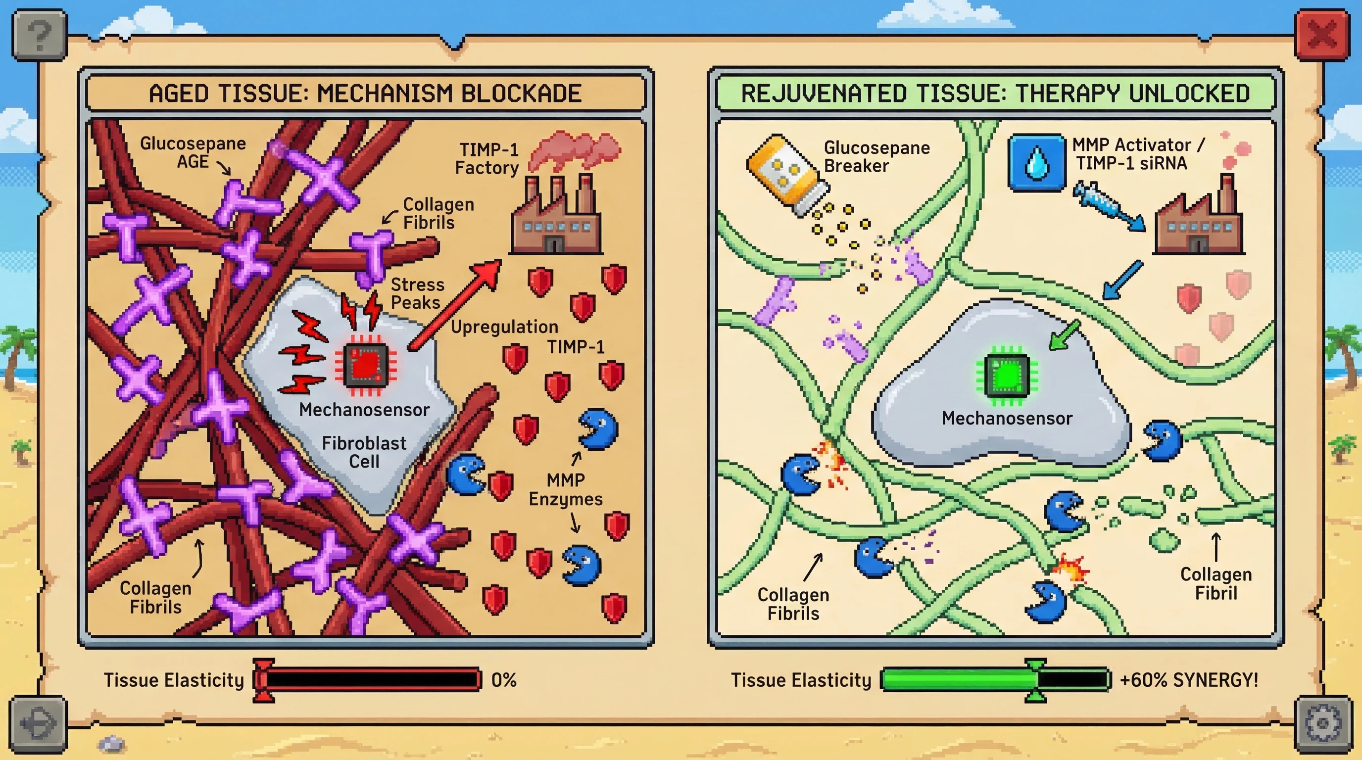 Infographic for: Hypothesis: The Mechanochemical Feedback Loop—Tissue Stiffness as a Proteolytic Sanctuary for AGE-Crosslinked Collagen