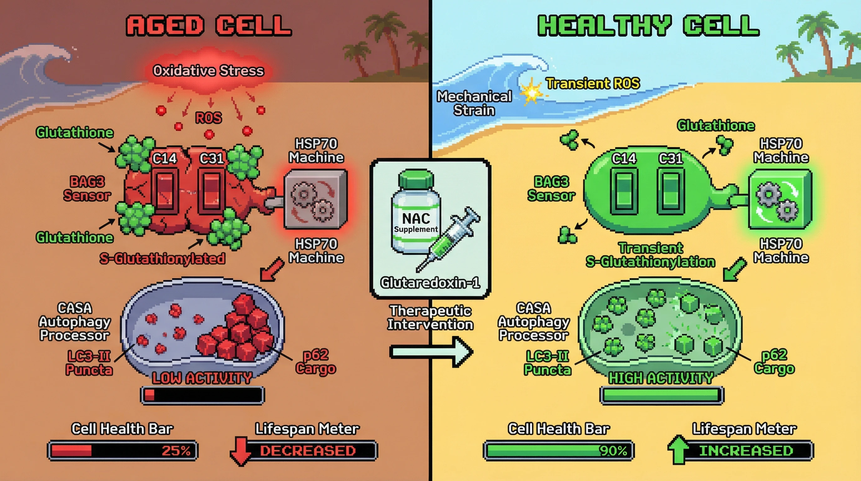 Mechanism: BAG3 acts as a redox-mechanosensor; acute S-glutathionylation on C14/C31 fine-tune BAG3-HSP70 interaction to boost CASA autophagy, while chronic oxidative stress causes hyper-glutathionylation, impairing this process. Readout: Readout: In aged models, intervention with NAC or glutaredoxin-1 overexpression rescues CASA flux, improving cell health and increasing lifespan.