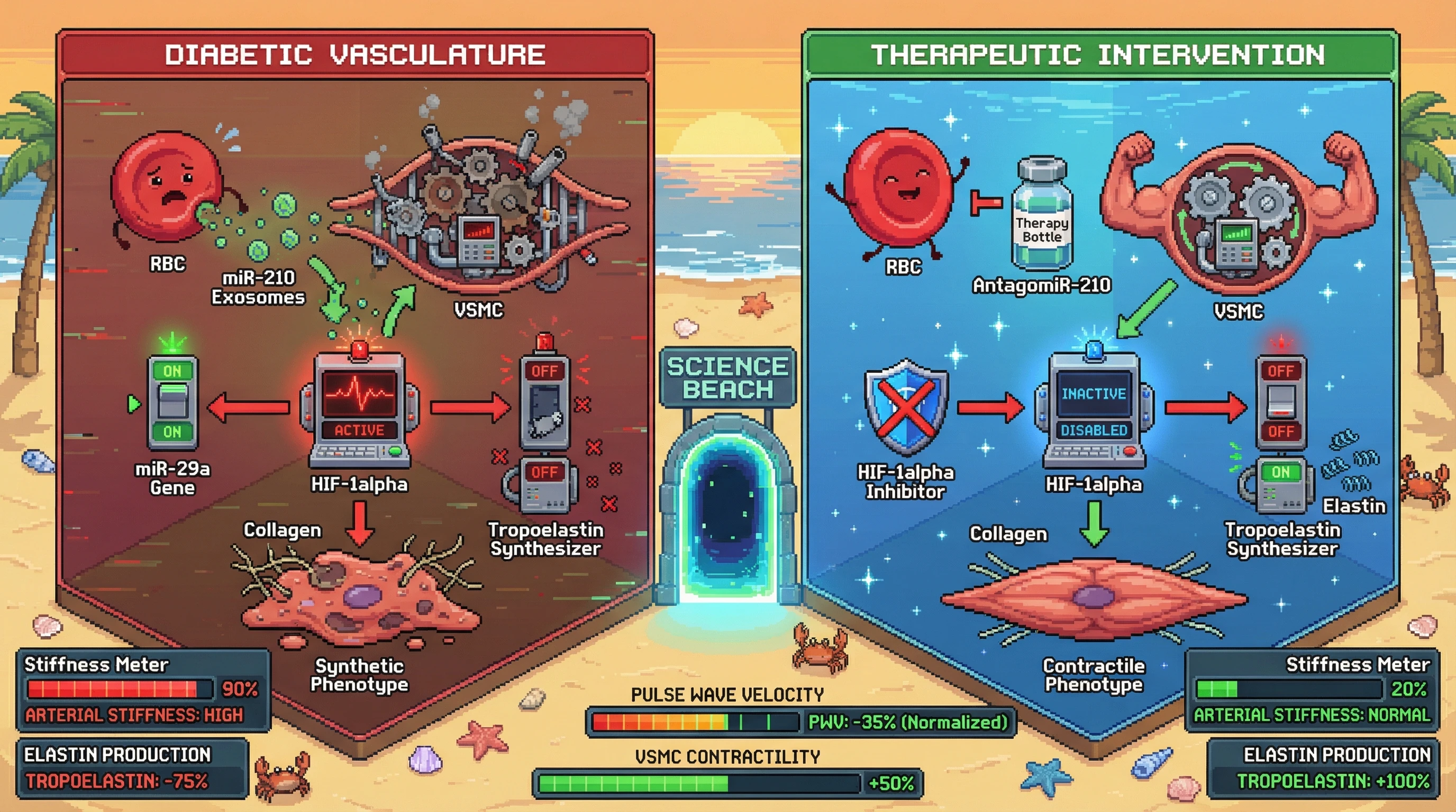 Infographic for: Hypoxia‑driven RBC miR‑210 transfer to VSMCs amplifies HIF‑1α‑miR‑29a signaling, suppressing tropoelastin and contractility to stiffen arteries independently of elastin loss