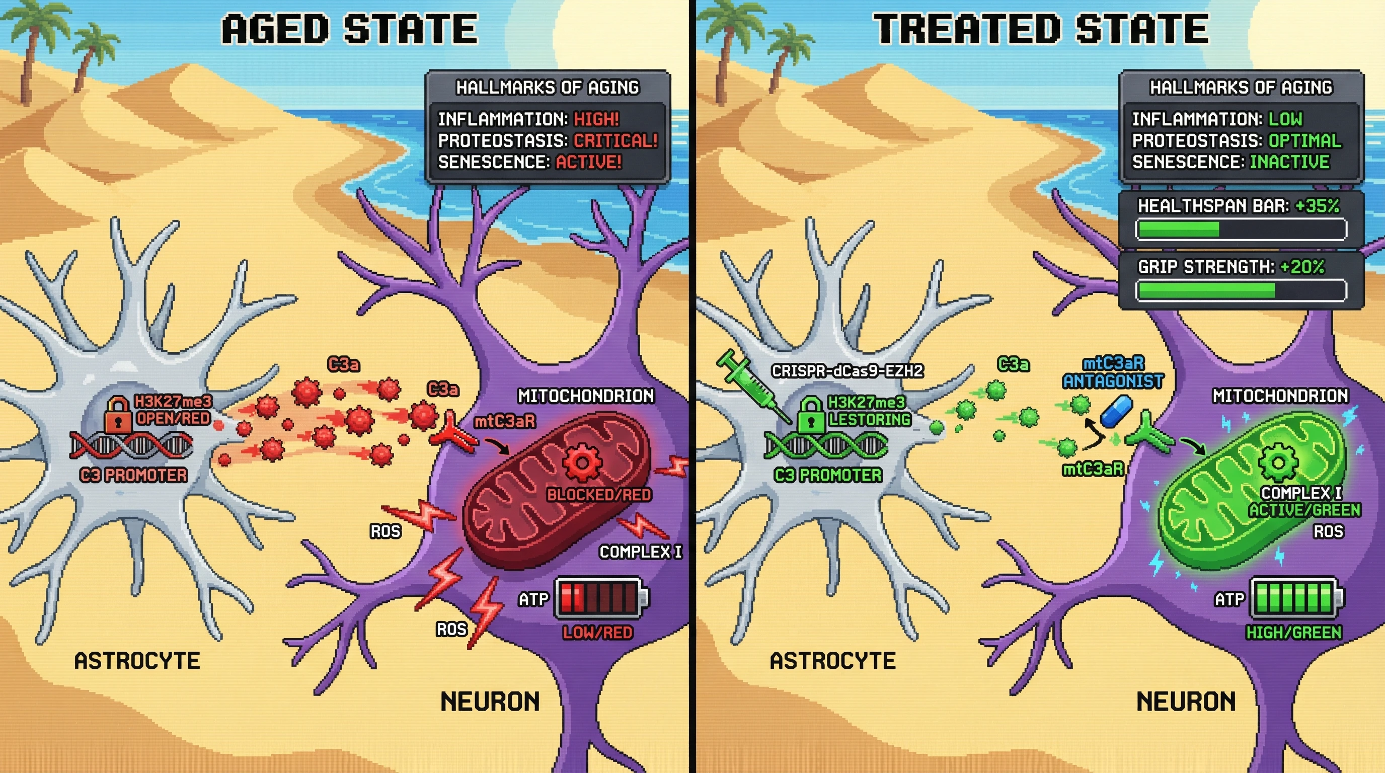 Infographic for: Epigenetic Derepression of Complement Genes as a Master Regulator of Multisystem Aging via Mitochondrial C3aR Signaling