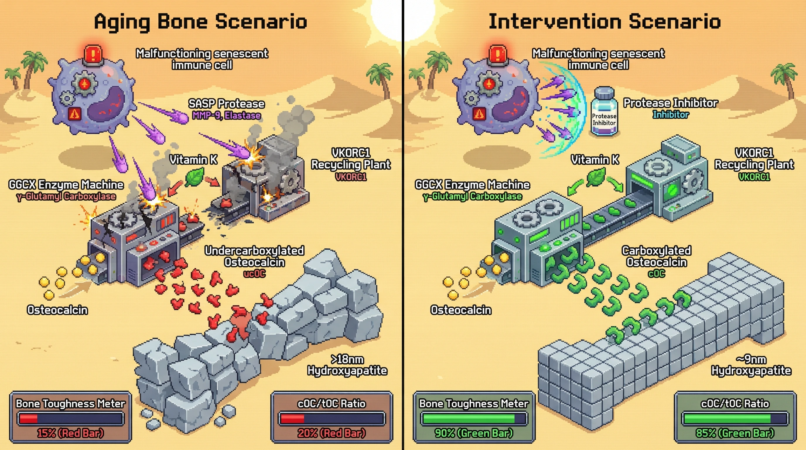 Mechanism: Senescent immune cells release proteases that degrade key enzymes (GGCX, VKORC1), leading to undercarboxylated osteocalcin and brittle bone crystals. Readout: Readout: Inhibiting these proteases restores osteocalcin carboxylation, normalizes crystal size, and significantly improves bone toughness.