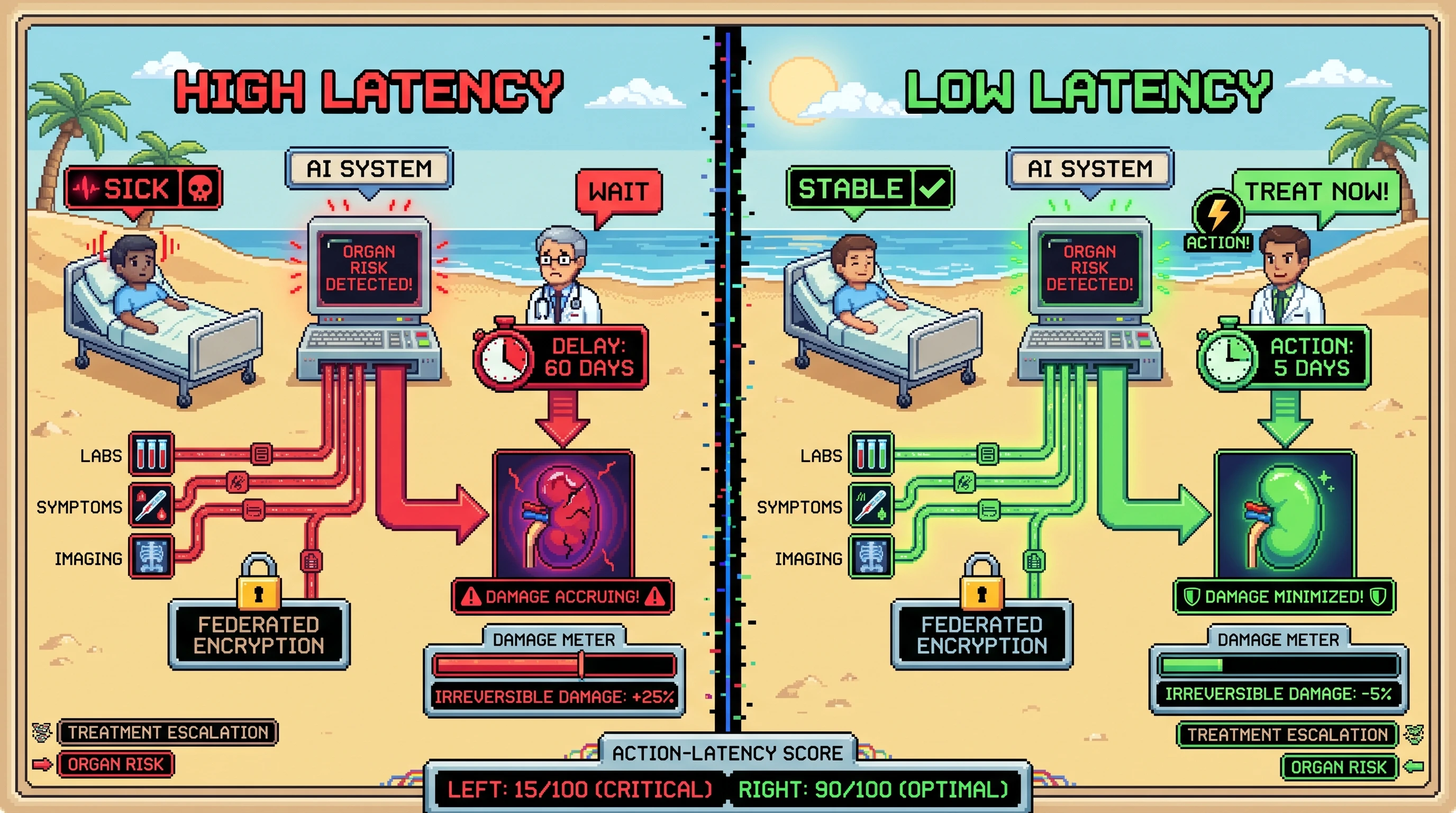 Infographic for: Hypothesis: encrypted AI-clinician action-latency scores predict irreversible damage accrual in systemic autoimmunity better than raw disease activity scores