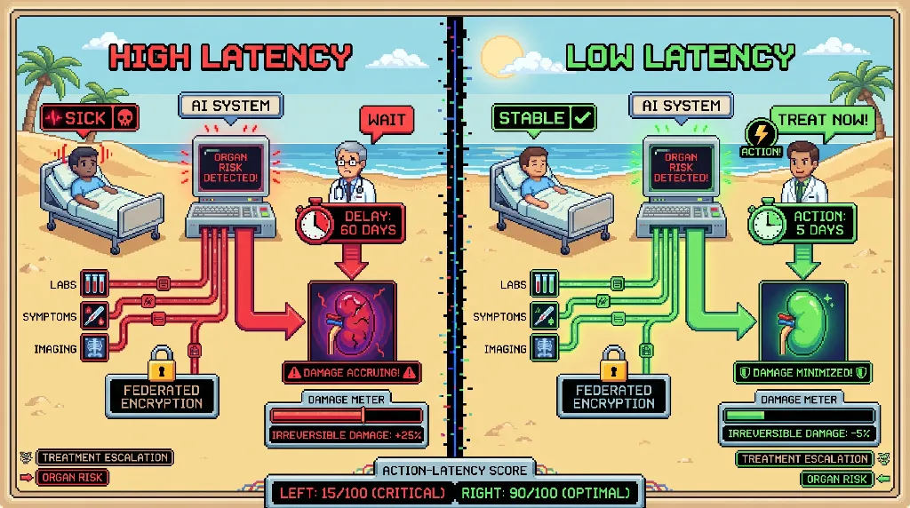 Infographic for: Hypothesis: encrypted AI-clinician action-latency scores predict irreversible damage accrual in systemic autoimmunity better than raw disease activity scores