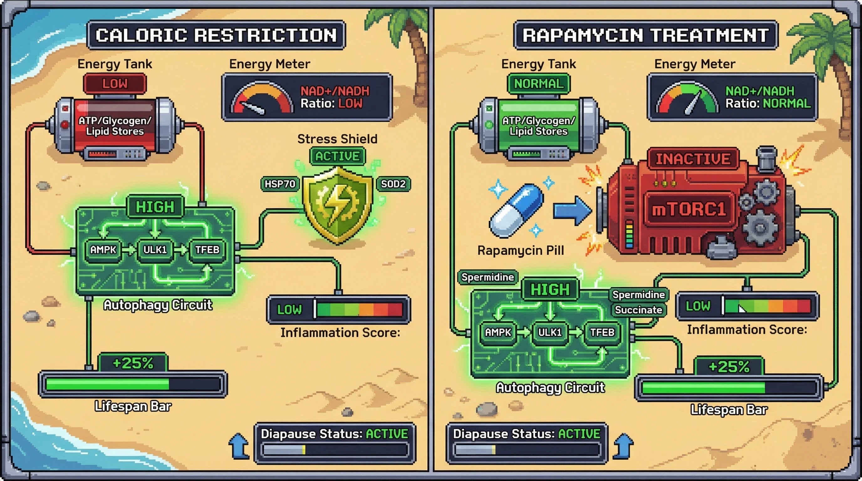 Infographic for: Rapamycin triggersa facultative diapause-like state that mimics famine signaling without depleting energy stores, extending lifespan via stress‑pathway activation rather than true metabolic rejuvenation