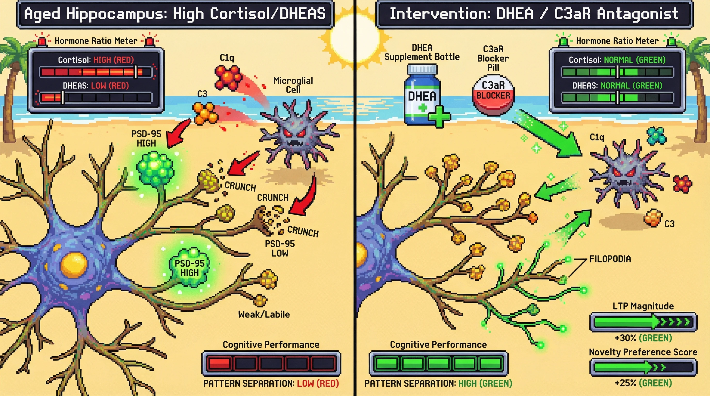 Mechanism: An elevated cortisol/DHEAS ratio in aging triggers microglial cells to excessively prune weak synapses via C1q/C3, leading to reduced cognitive flexibility. Readout: Readout: Interventions like DHEA supplementation or C3aR antagonism restore synaptic plasticity, increasing LTP magnitude by 30% and novelty preference by 25%.