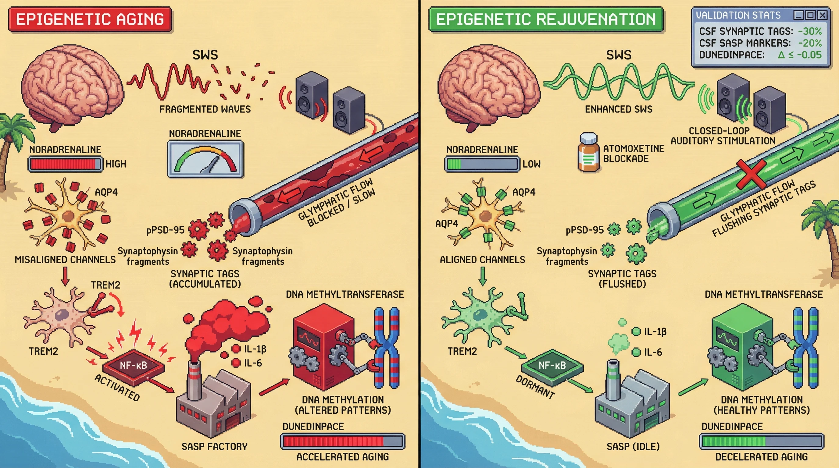 Infographic for: Enhancing Slow-Wave Sleep Glymphatic Flux Selectively Clears Synaptic Tagging Proteins to Decouple Epigenetic Aging from Sleep Loss