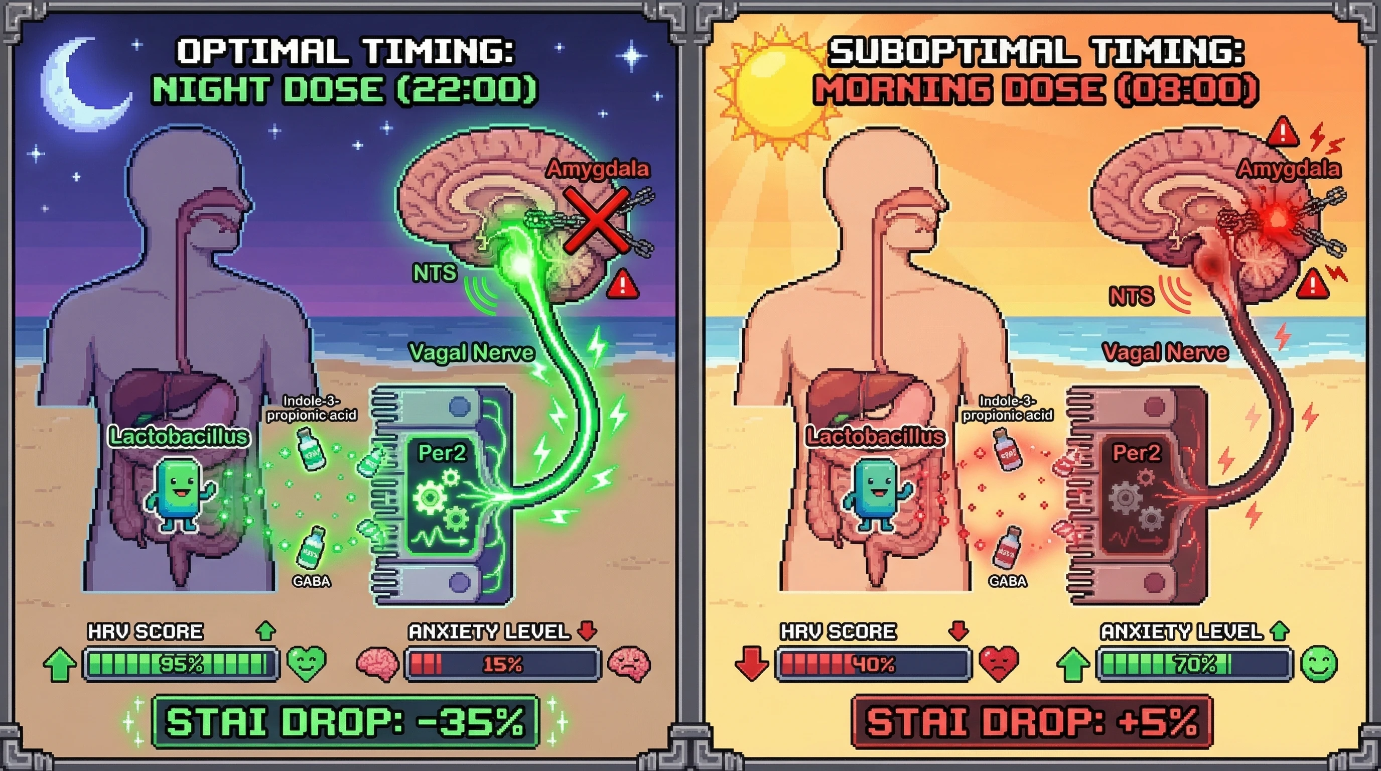Infographic for: Timing Lactobacillus Administration to Peak Vagal Tone Enhances Per2‑Mediated Gut‑Brain Signaling and HRV as an Anxiety Biomarker
