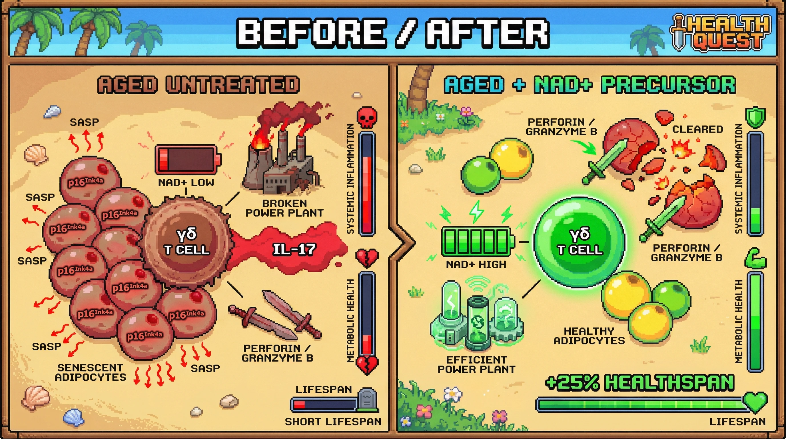 Infographic for: Targeting NAD+ in γδ T cells attenuates inflammaging and extends healthspan by restoring immune surveillance of senescent cells