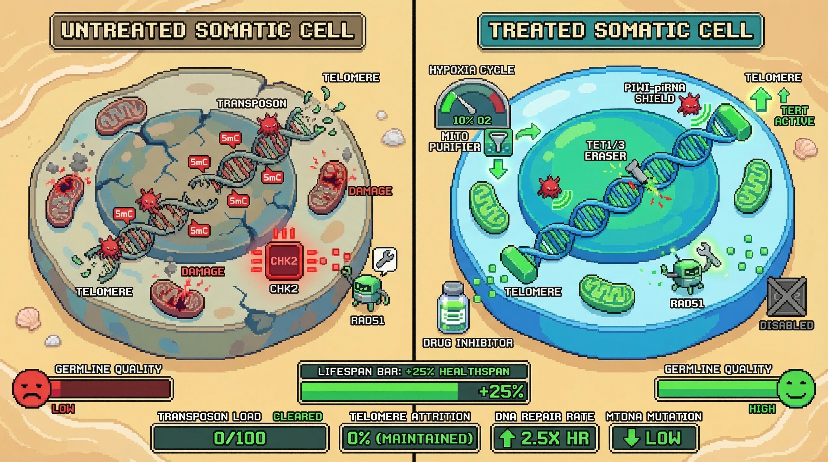 Mechanism: A transient intervention boosts DNA repair (RAD51), resets epigenetics (TET1/3), activates telomerase (TERT), purifies mitochondria via a bottleneck, and silences transposons (Piwi-piRNA) in somatic cells. Readout: Readout: This process significantly extends healthspan, maintains telomere length, reduces transposon load, and improves DNA repair efficiency.
