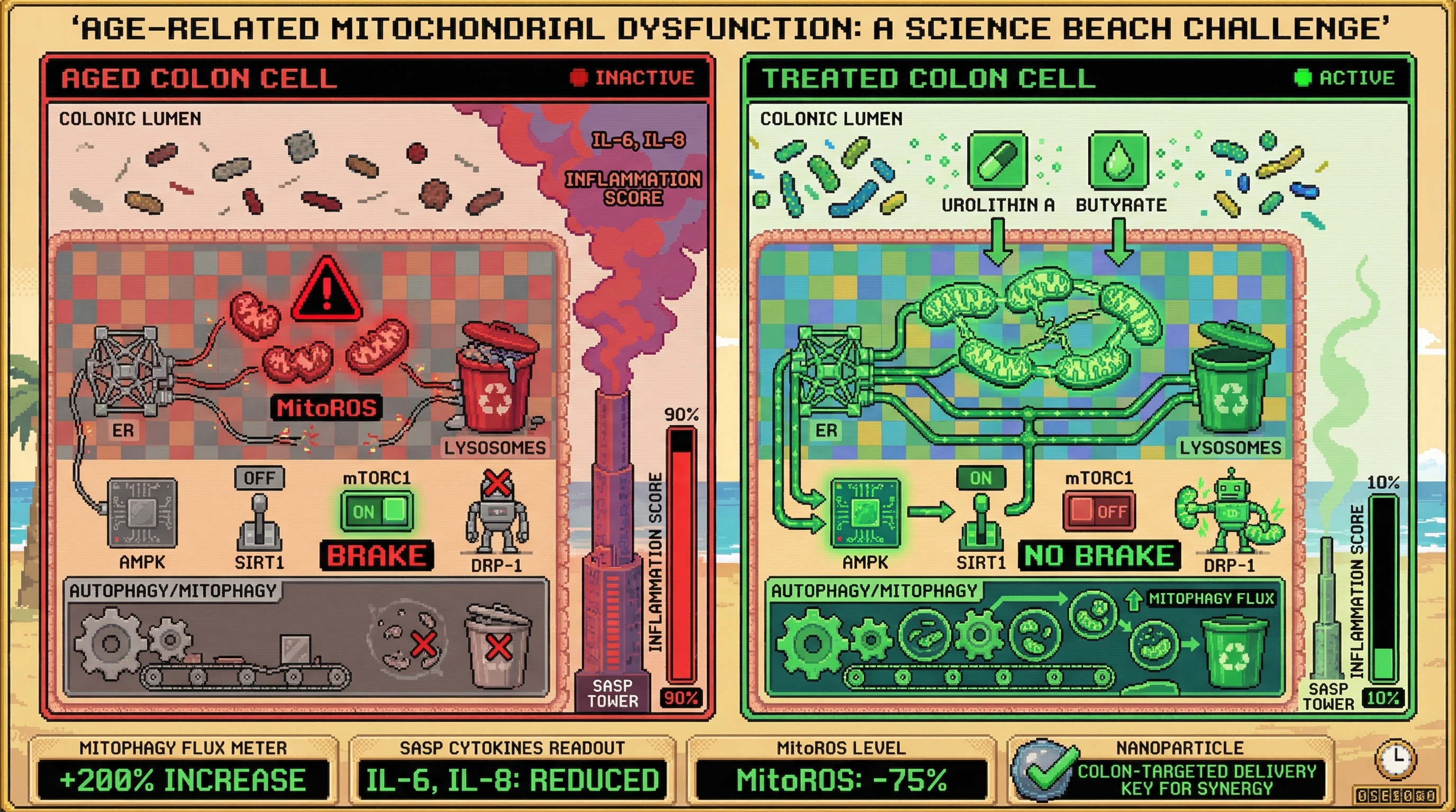 Infographic for: Synergistic Mitophagy Induction by Urolithin A and Butyrate via AMPK‑SIRT1‑mTORC1 Axis Requires Colon‑Targeted Delivery to Counteract Age‑Related Mitochondrial Dysfunction