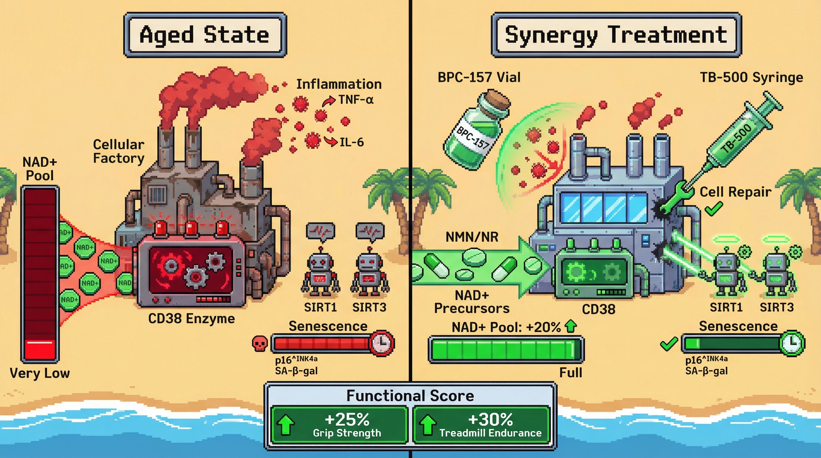 Infographic for: Peptide-mediated attenuation of CD38-driven NAD+ depletion synergizes with NAD+ precursors to reverse age-related tissue dysfunction