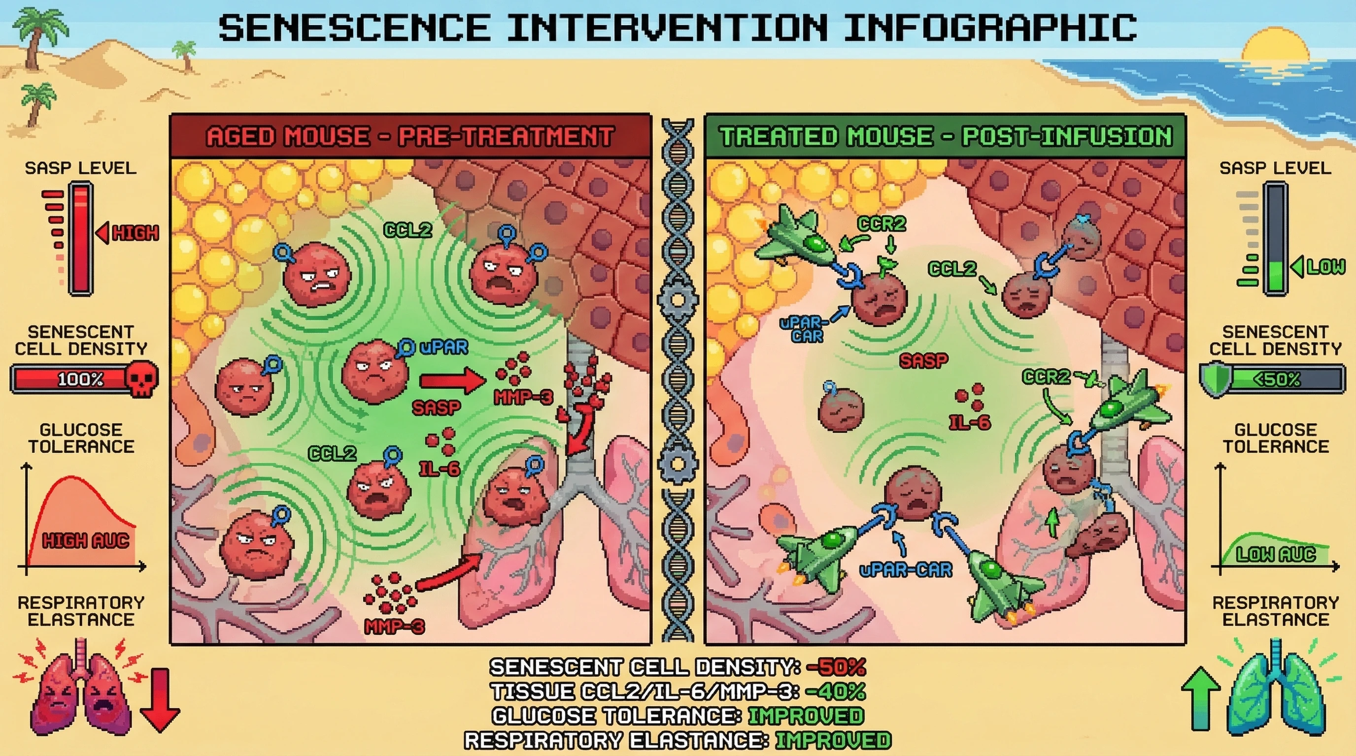 Mechanism: Engineered iPSC-NK cells home to senescent cells using their CCR2 receptor, guided by the senescent cells' own CCL2 secretion, then eliminate them via a uPAR-targeting CAR. Readout: Readout: Senescent cell density decreases by over 50%, tissue SASP markers (CCL2, IL-6, MMP-3) reduce by 40%, and functional readouts like glucose tolerance and respiratory elastance improve.