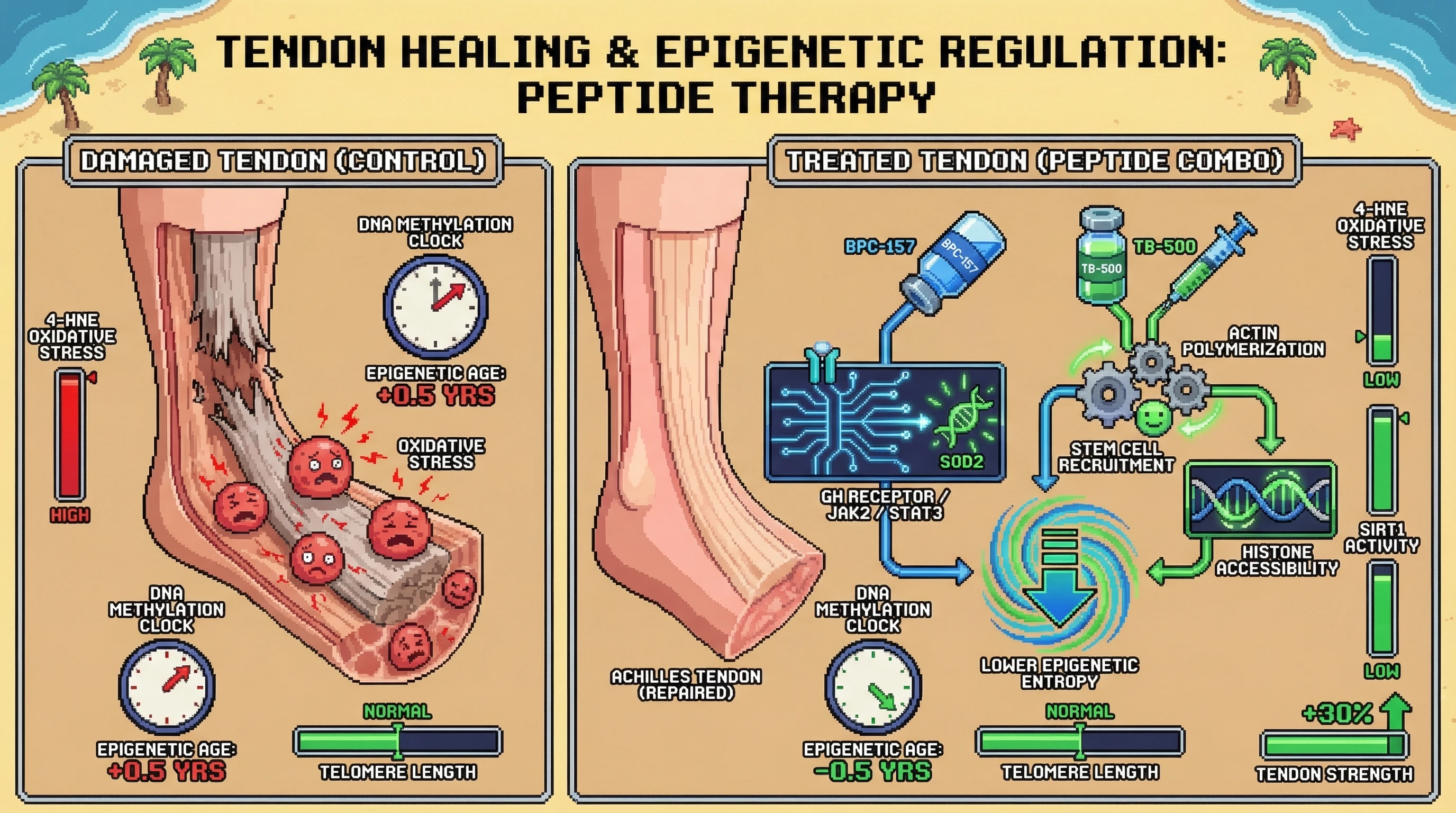 Mechanism: BPC-157 and TB-500 activate distinct pathways that reduce cellular oxidative stress and promote stem cell-mediated repair and epigenetic fidelity. Readout: Readout: This process significantly decreases epigenetic age by over 0.5 years in treated tissue, while telomere length remains unchanged.