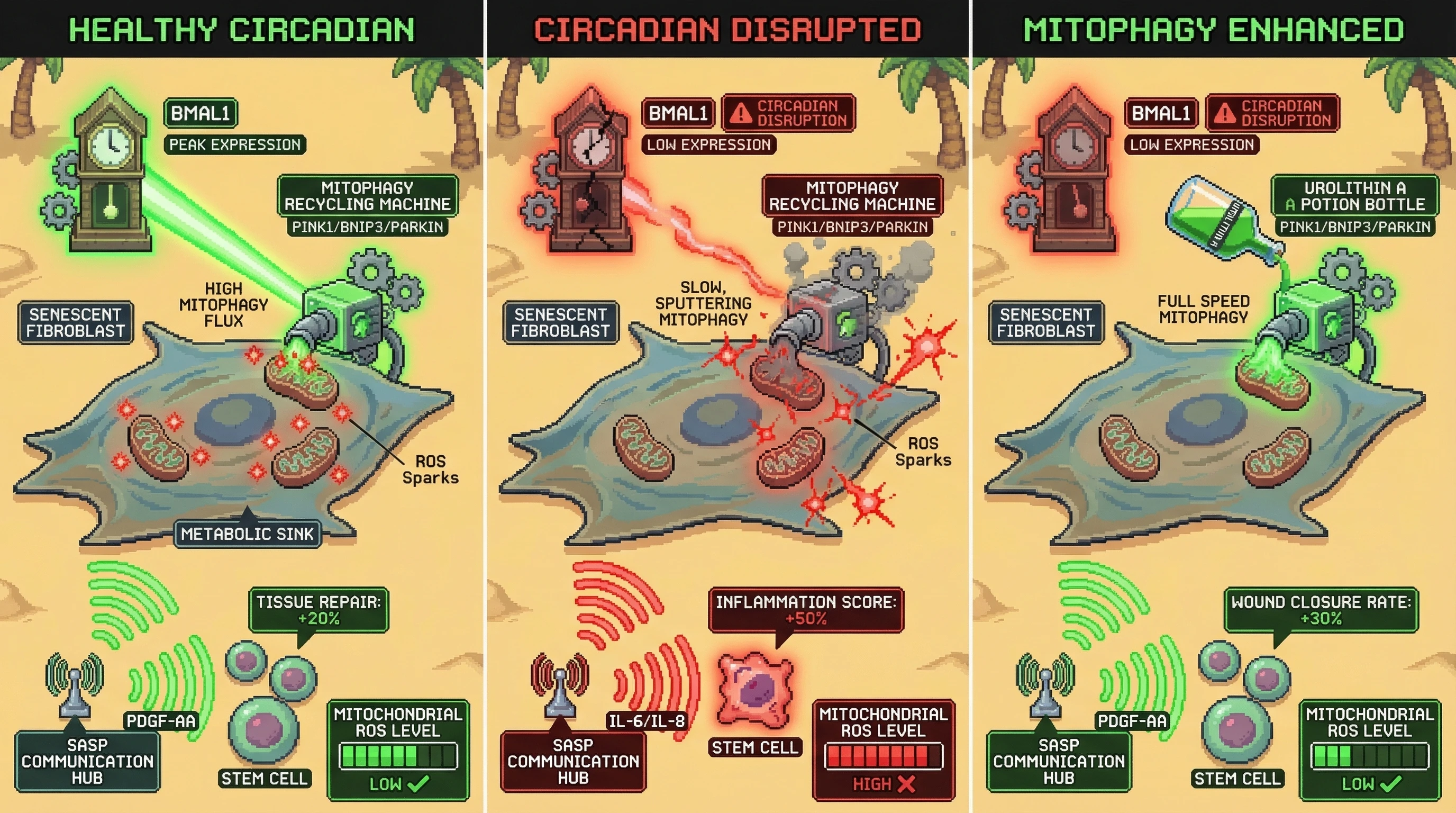Infographic for: Circadian‑gated mitophagy in senescent fibroblasts determines their transition from ROS‑buffering negotiators to inflammatory squatters