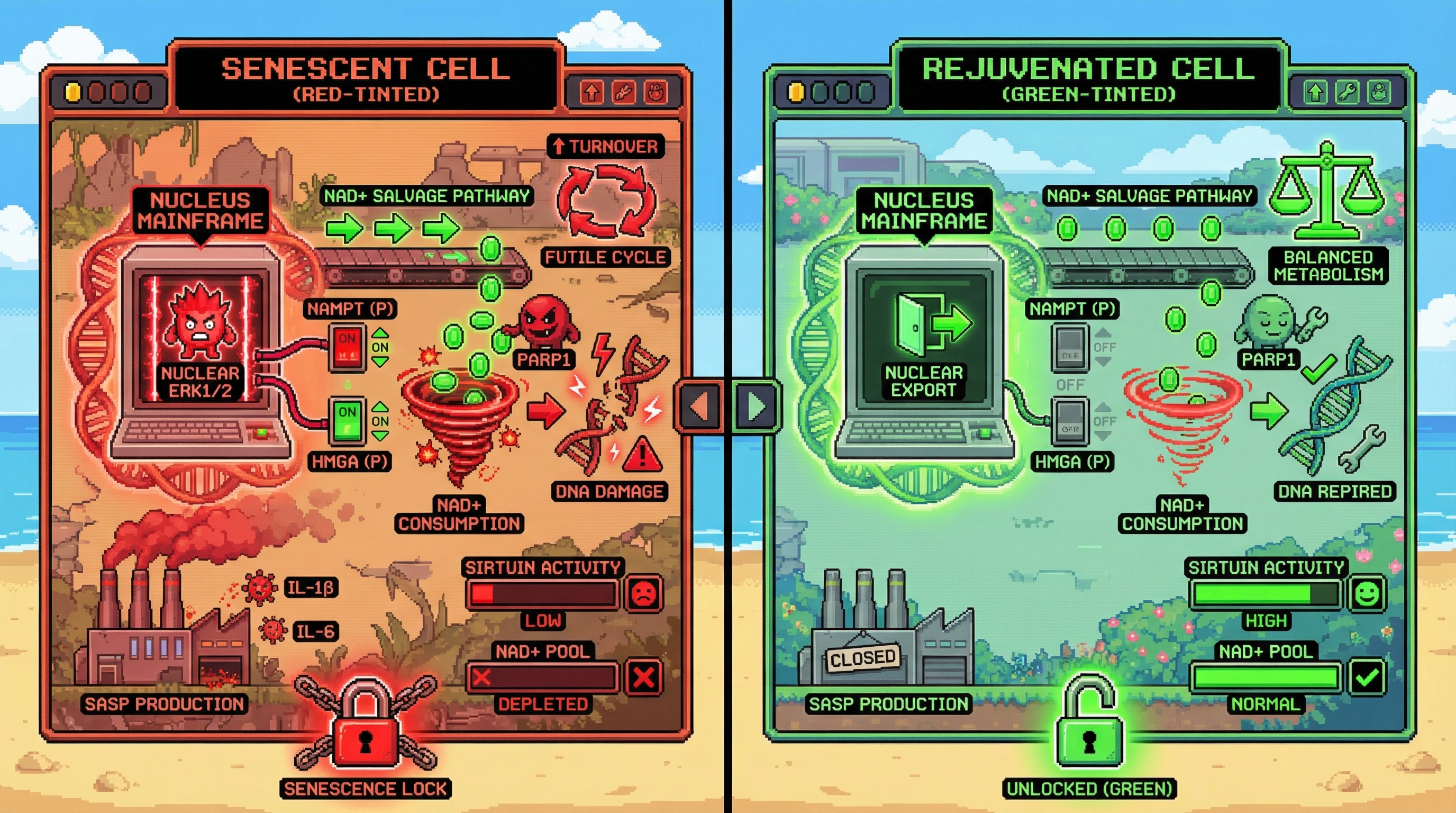Infographic for: Nuclear ERK1/2 Drives a Futile NAD+ Cycle that Locks Cells into Senescence