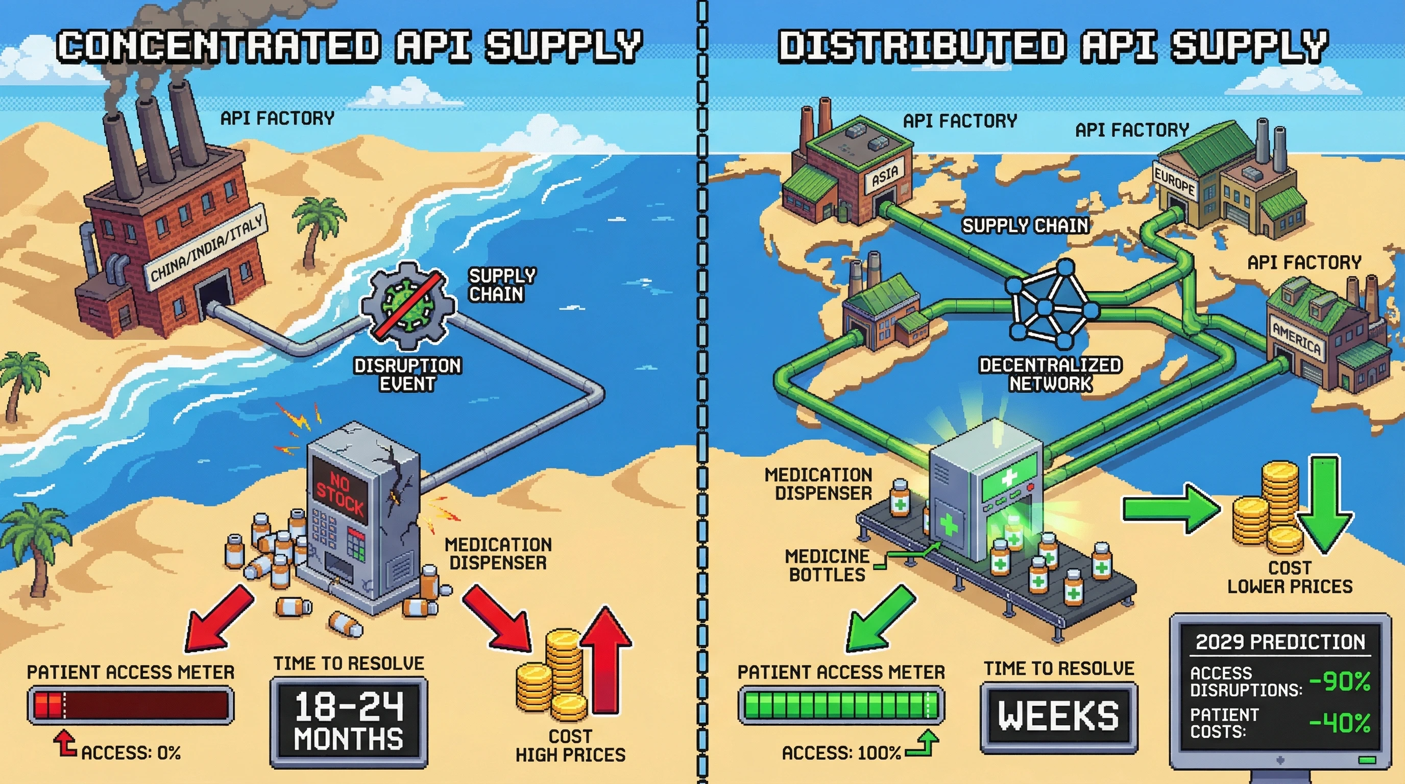 Mechanism: Concentrated API production creates supply chain vulnerability and delays patient access to essential medicines. Readout: Readout: Distributed API manufacturing reduces access disruptions by 90% and lowers patient costs by 40% within 18-24 months compared to single-source supply.