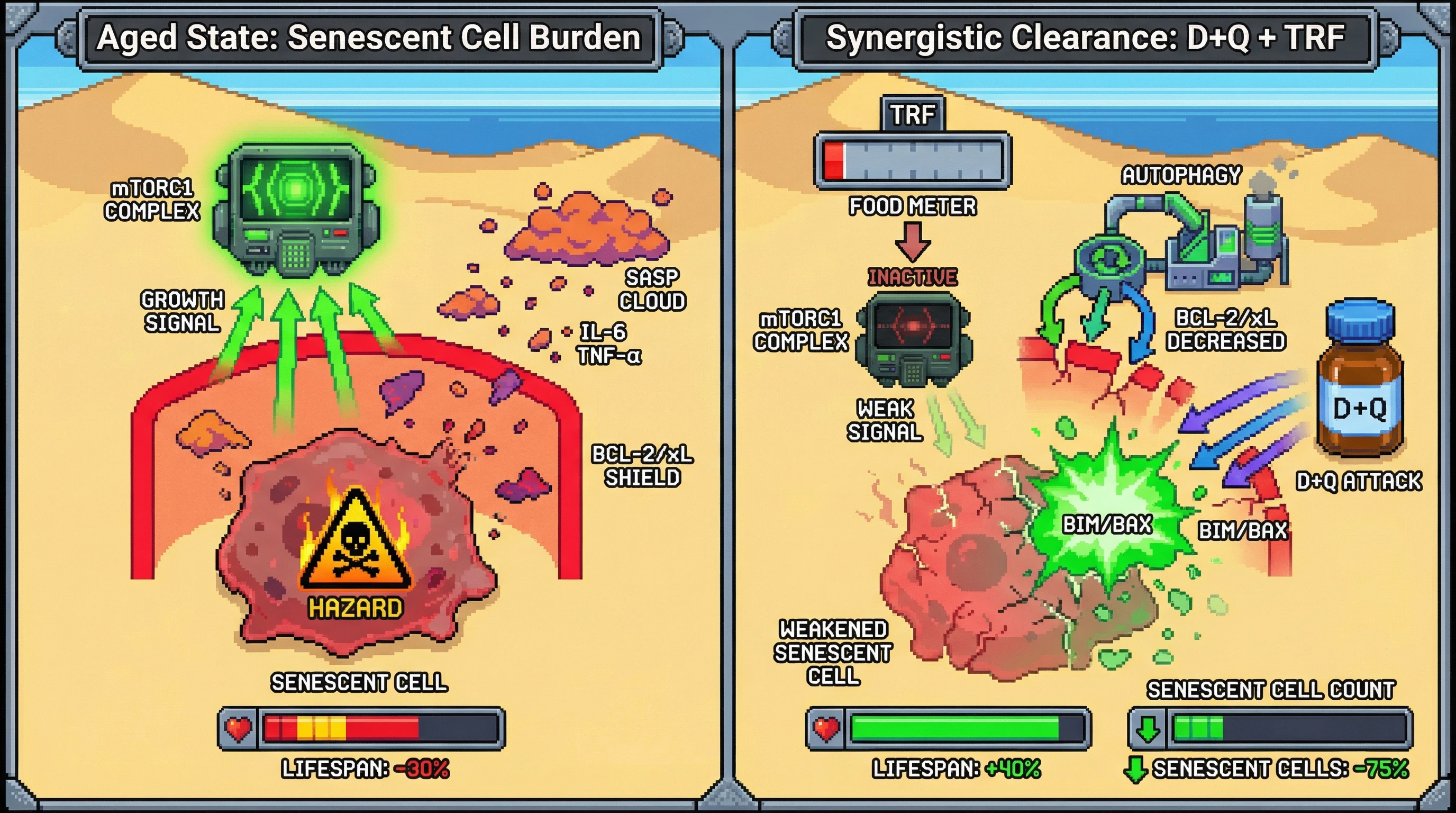 Infographic for: Time‑Restricted Feeding Primes Senescent Cells for Dasatinib‑Quercetin‑Induced Apoptosis via mTORC1 Suppression and Autophagy‑Dependent Sensitization