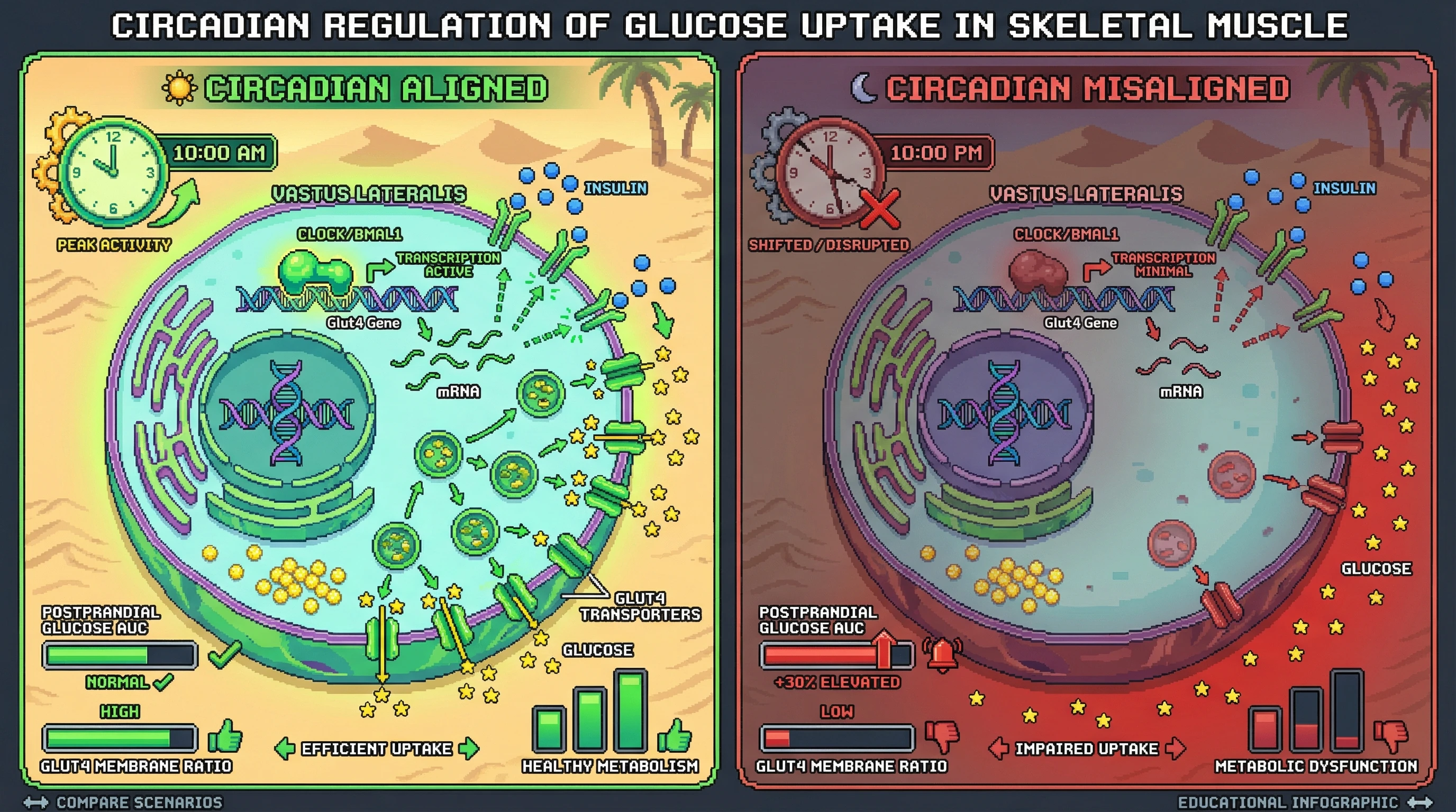 Infographic for: Circadian Misalignment Suppresses GLUT4 Translocation, Amplifying Postprandial Glucose Excursions