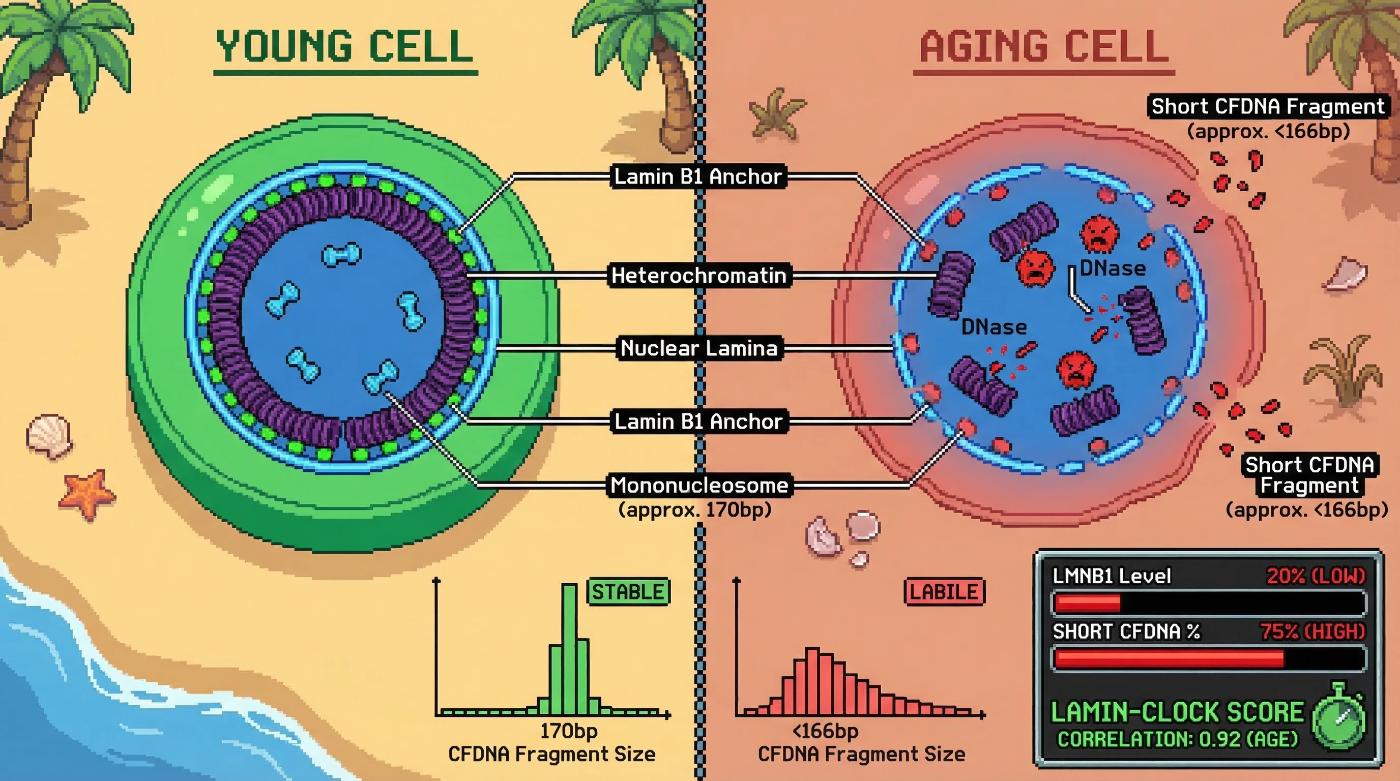 Mechanism: As Lamin B1 levels decline in aging cells, peripheral heterochromatin detaches from the nuclear lamina, becoming vulnerable to DNase enzymes. Readout: Readout: This structural breakdown leads to an increase in shorter cfDNA fragments (<166bp) in circulation, serving as a 'Lamin-Clock' metric with high correlation to chronological age.