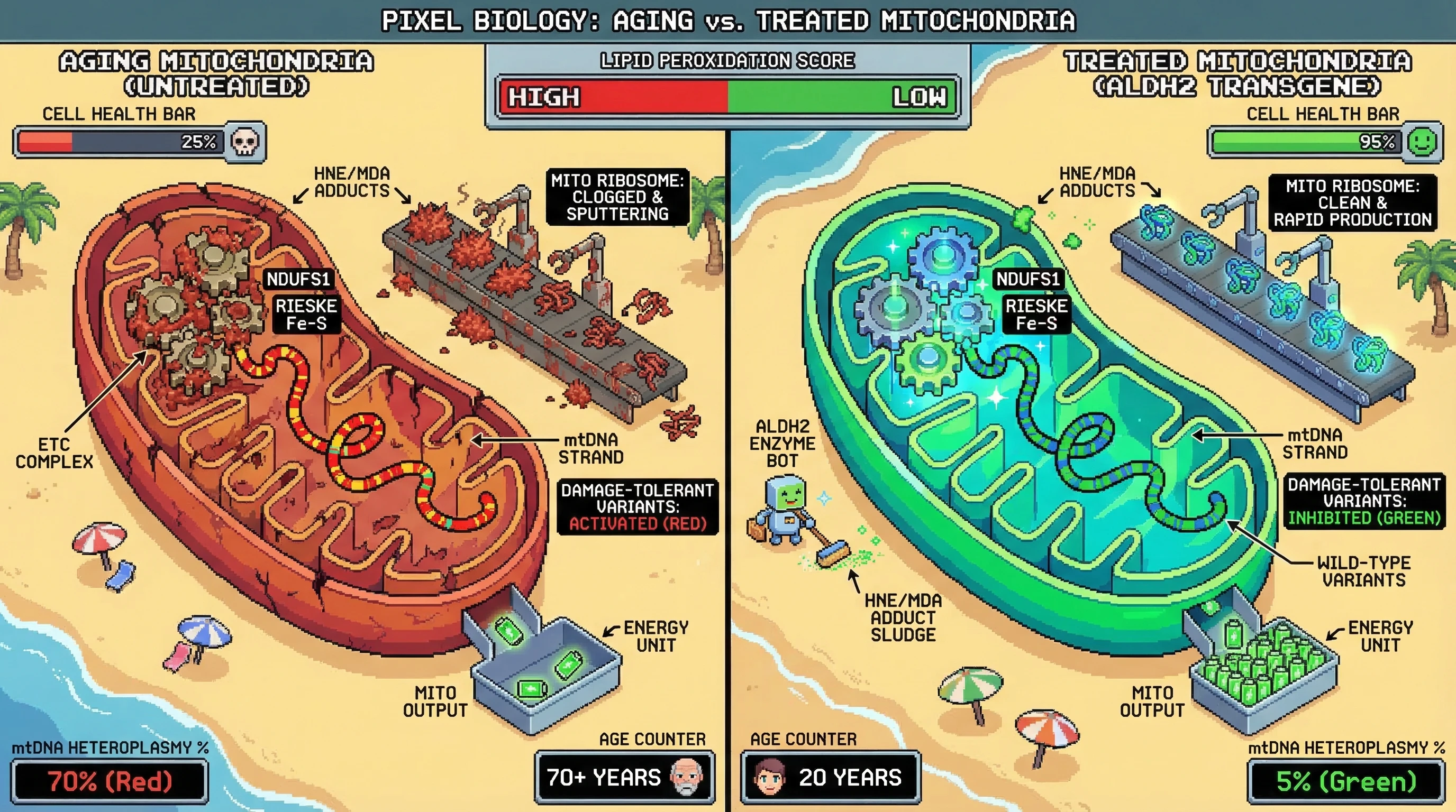 Mechanism: HNE/MDA adducts accumulate on mitochondrial ETC proteins and ribosomes, driving selection for 'damage-tolerant' mtDNA heteroplasmies. Readout: Readout: An ALDH2 transgene clears adducts, reducing heteroplasmy from 70% to 5% and increasing cell health from 25% to 95%.