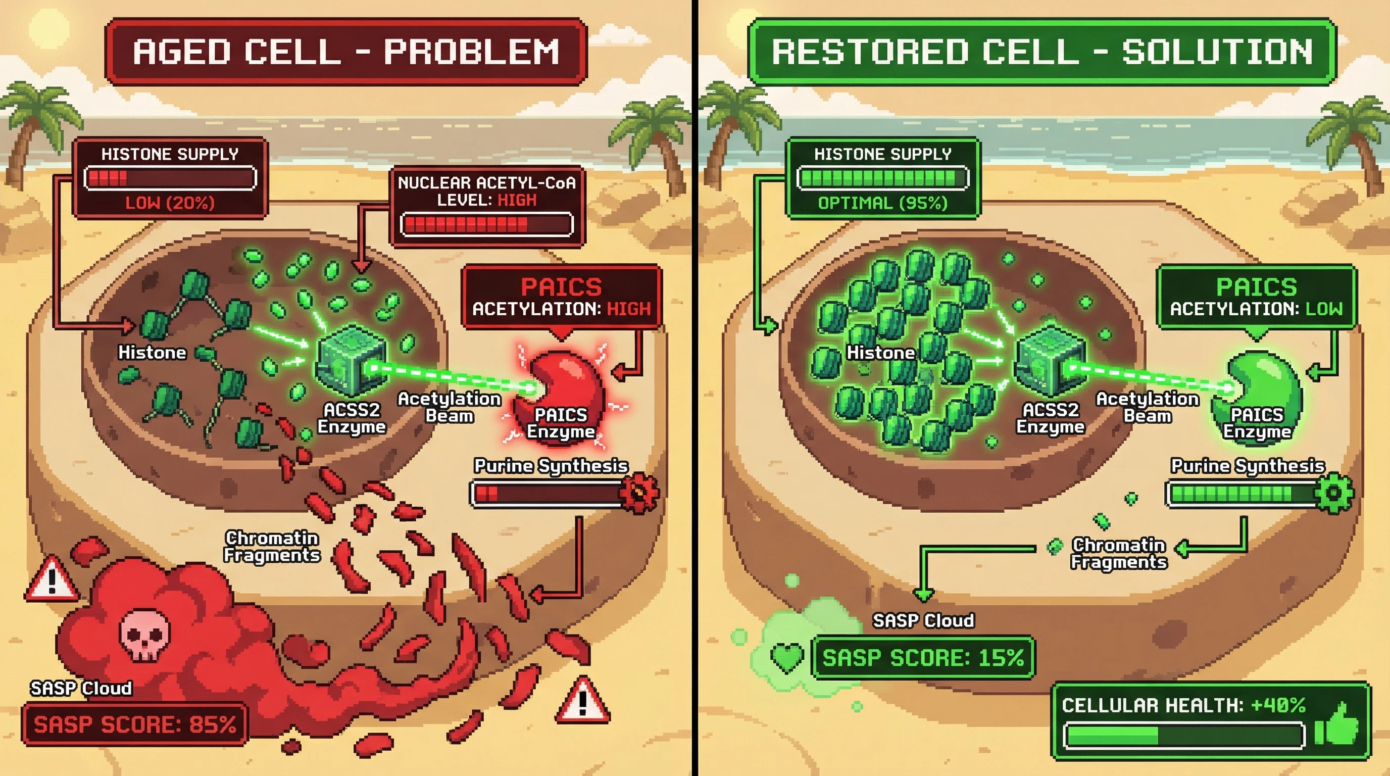 Mechanism: In aged cells, low histones lead to a nuclear acetyl-CoA surplus, redirecting ACSS2 to acetylate PAICS, which drives SASP. Readout: Readout: Restoring histone levels decreases PAICS acetylation and SASP score, while increasing cellular health.