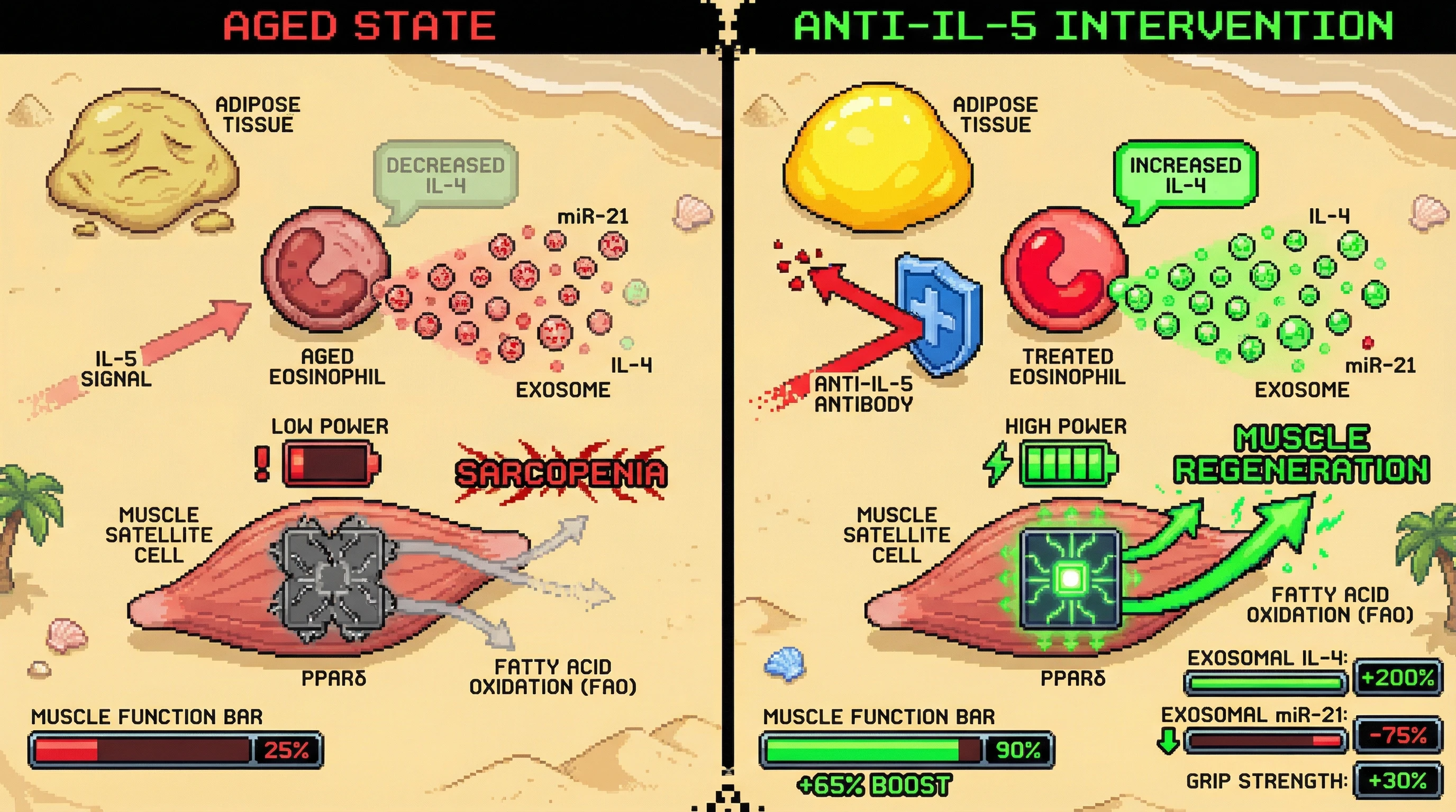 Infographic for: IL-5–Modulated Eosinophil Crosstalk Reprograms Muscle Satellite Cell Metabolism via Adipose-Derived IL-4 to Counteract Age-Related Sarcopenia