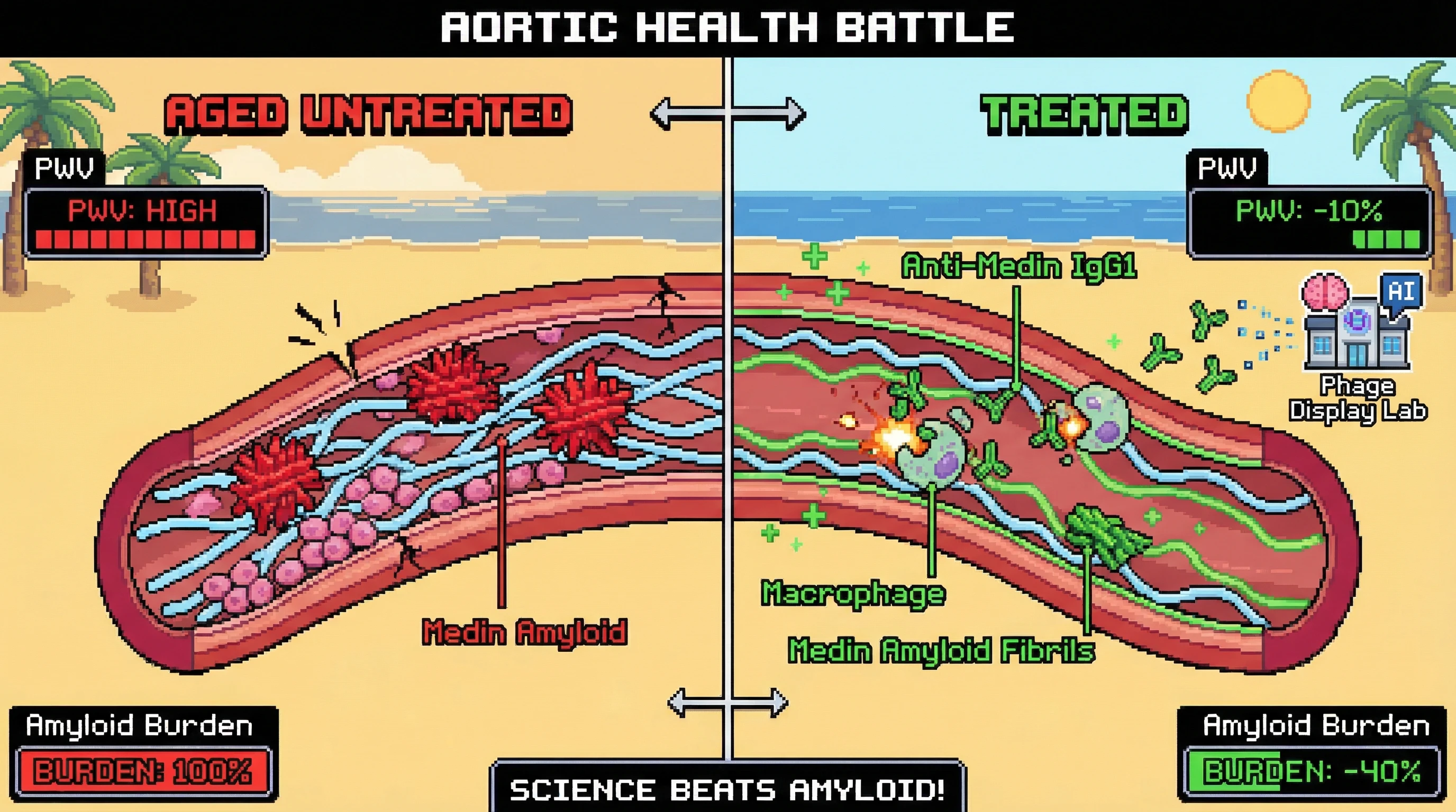 Mechanism: Conformation-selective anti-medin antibodies target and clear medin amyloid fibrils from aged aortic walls, mediated by macrophage activity. Readout: Readout: Aortic medin amyloid burden is reduced by over 40%, and carotid-to-abdominal pulse wave velocity decreases by over 10%.