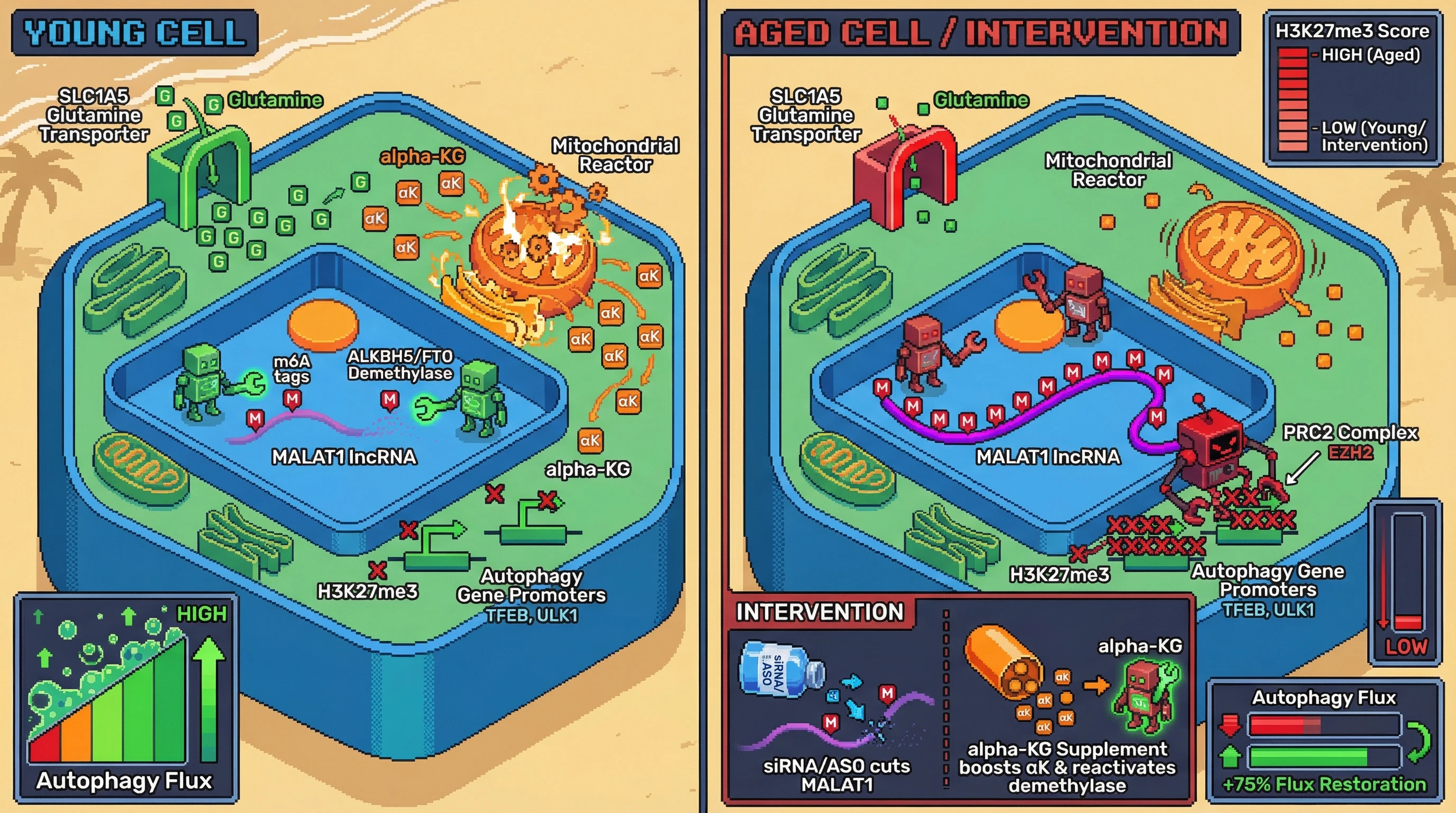 Infographic for: Low α‑KG‑Dependent Stabilization of a PRC2‑Guiding lncRNA Drives Epigenetic Silencing of Autophagy Genes in Aging