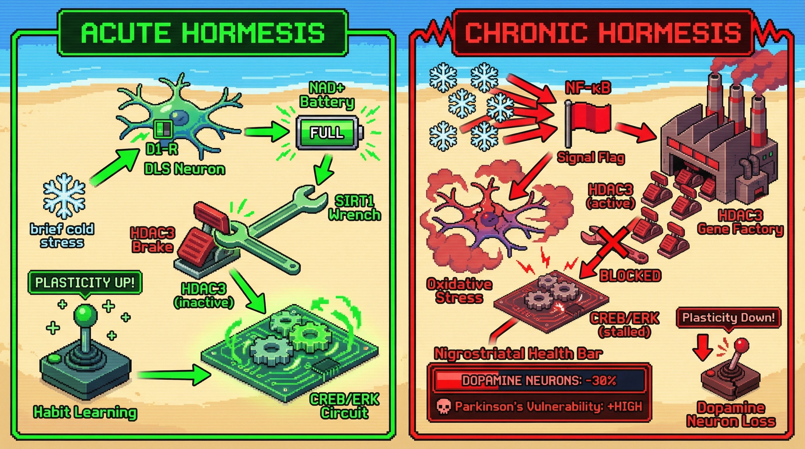 Infographic for: Hormetic Stress Temporarily Rescue Dorsolateral Striatum Habit Learning via D1‑CREB/ERK Activation but Chronically Elevates HDAC3, Accelerating Nigrostriatal Decline